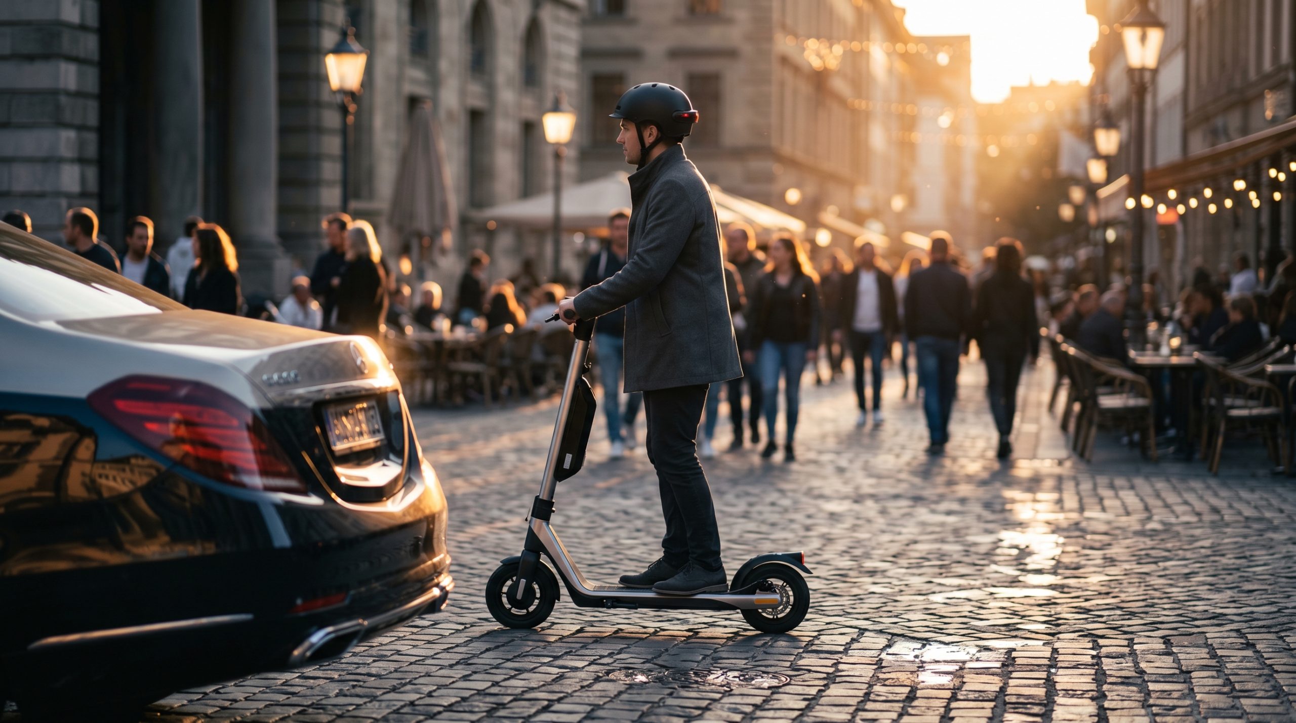En mann med hjelm på en elsparkesykkel