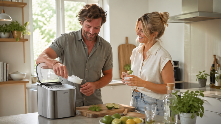 En mann og en kvinne som fyller glass med isbiter