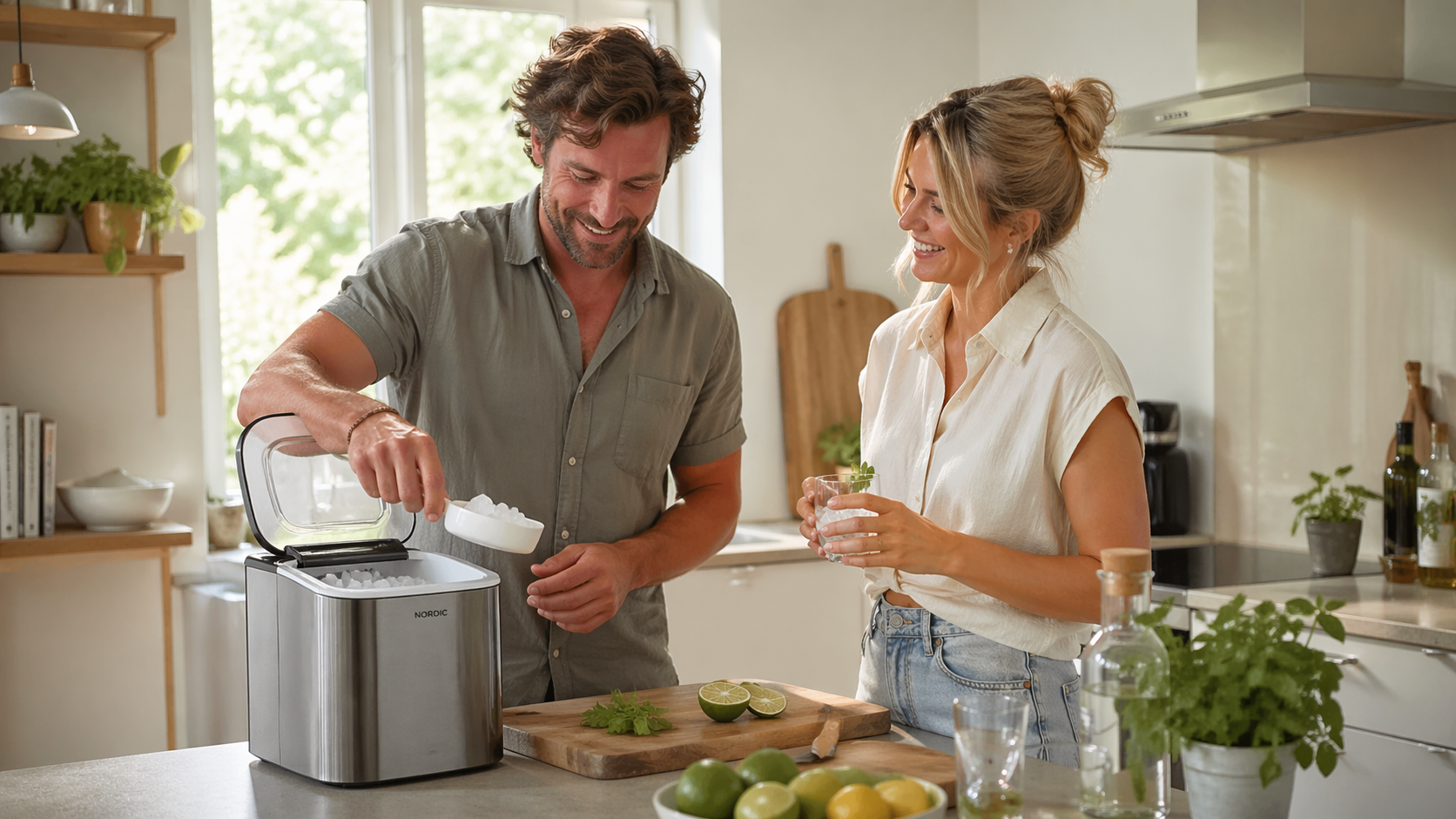 En mann og en kvinne som fyller glass med isbiter