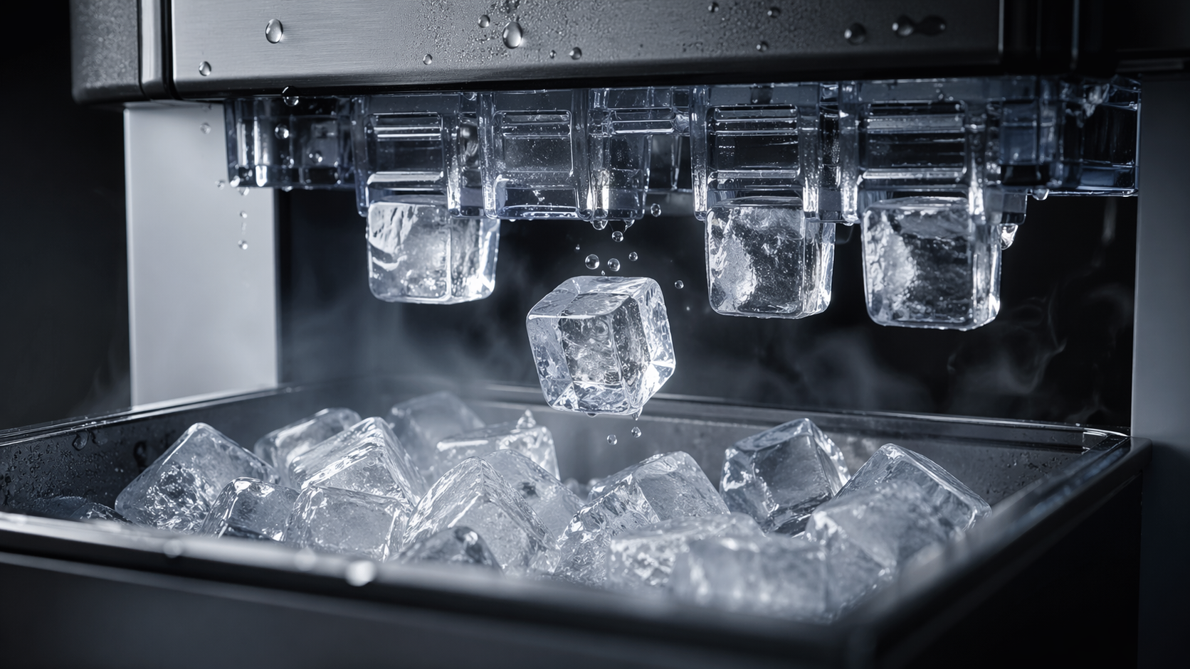 Et nærbilde av en isbitmaskin som lager isbiter