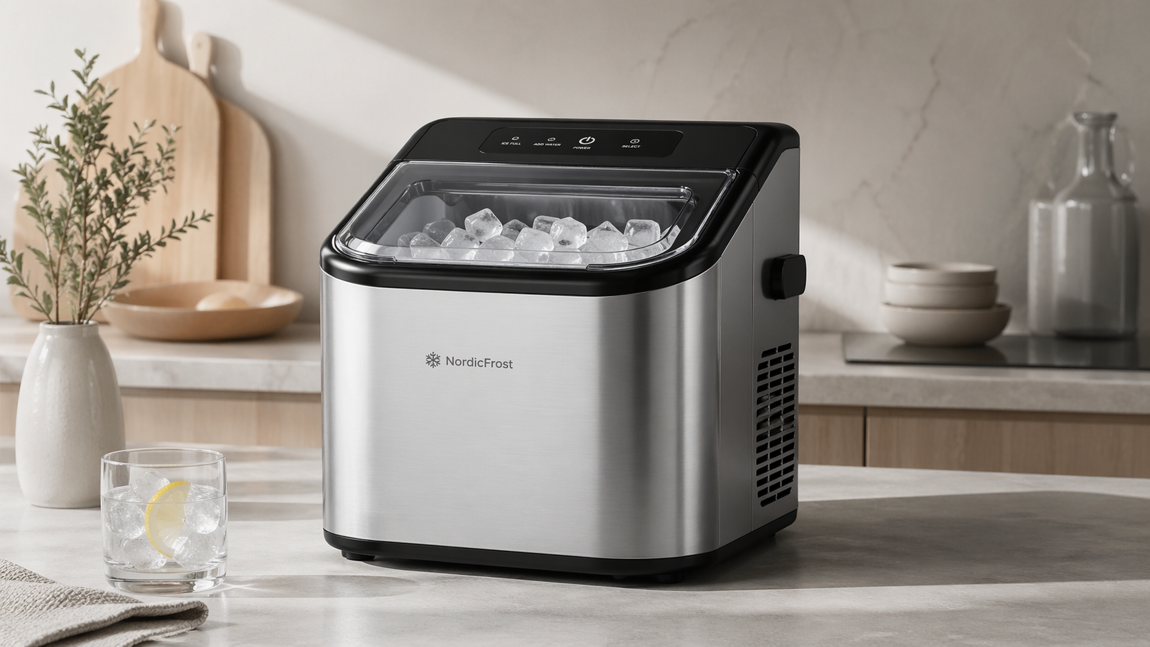 En isbitmaskin på et kjøkkenbord