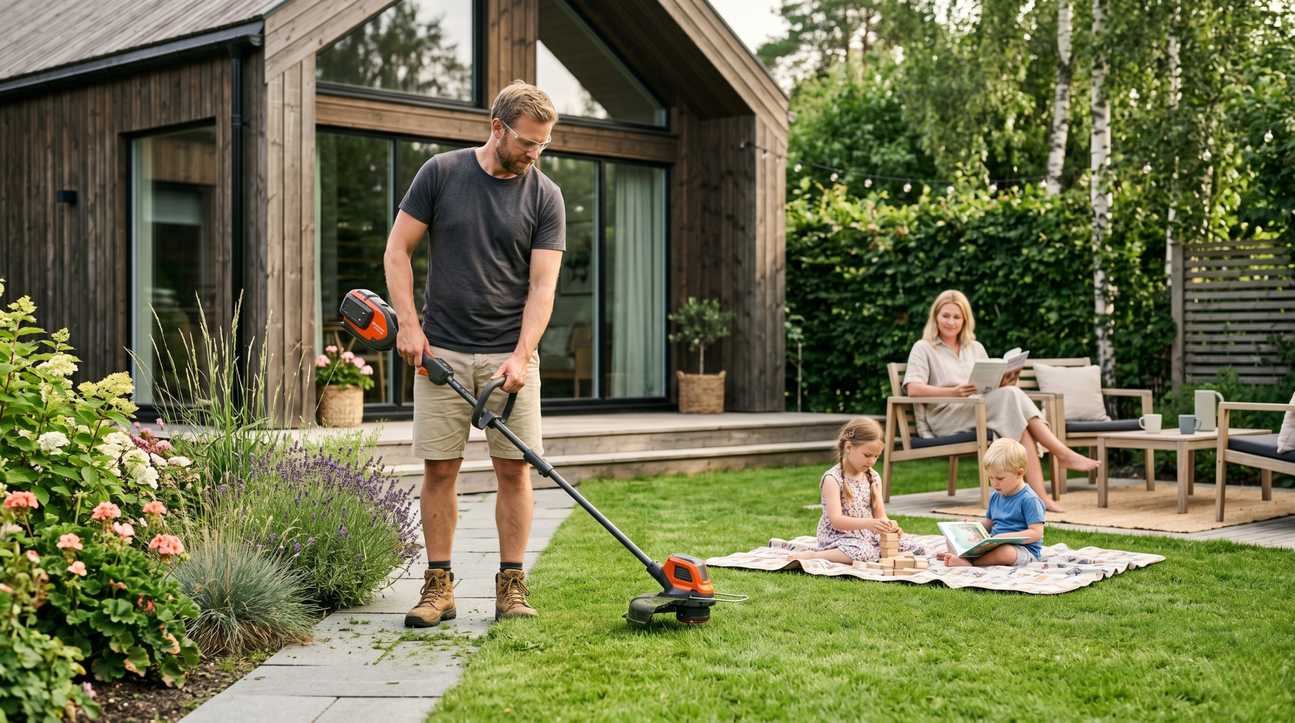 En mann med en kantklipper i en hage. I bakgrunnen sitter hans familie