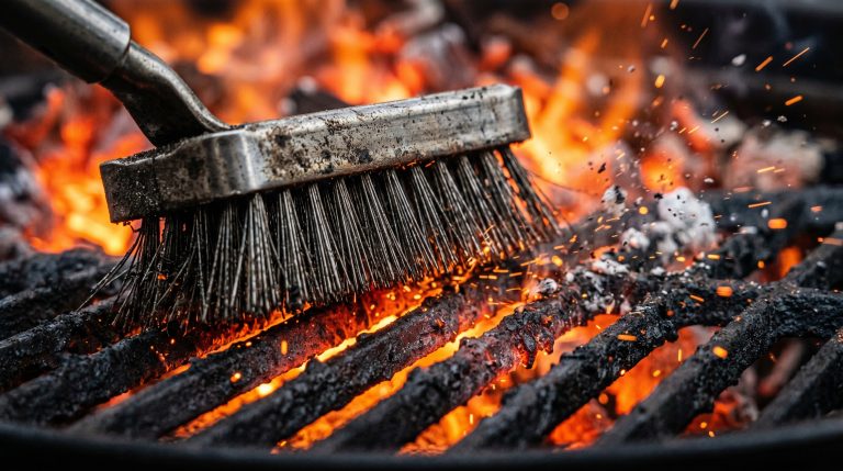 En kost som rengjør en kullgrillrist