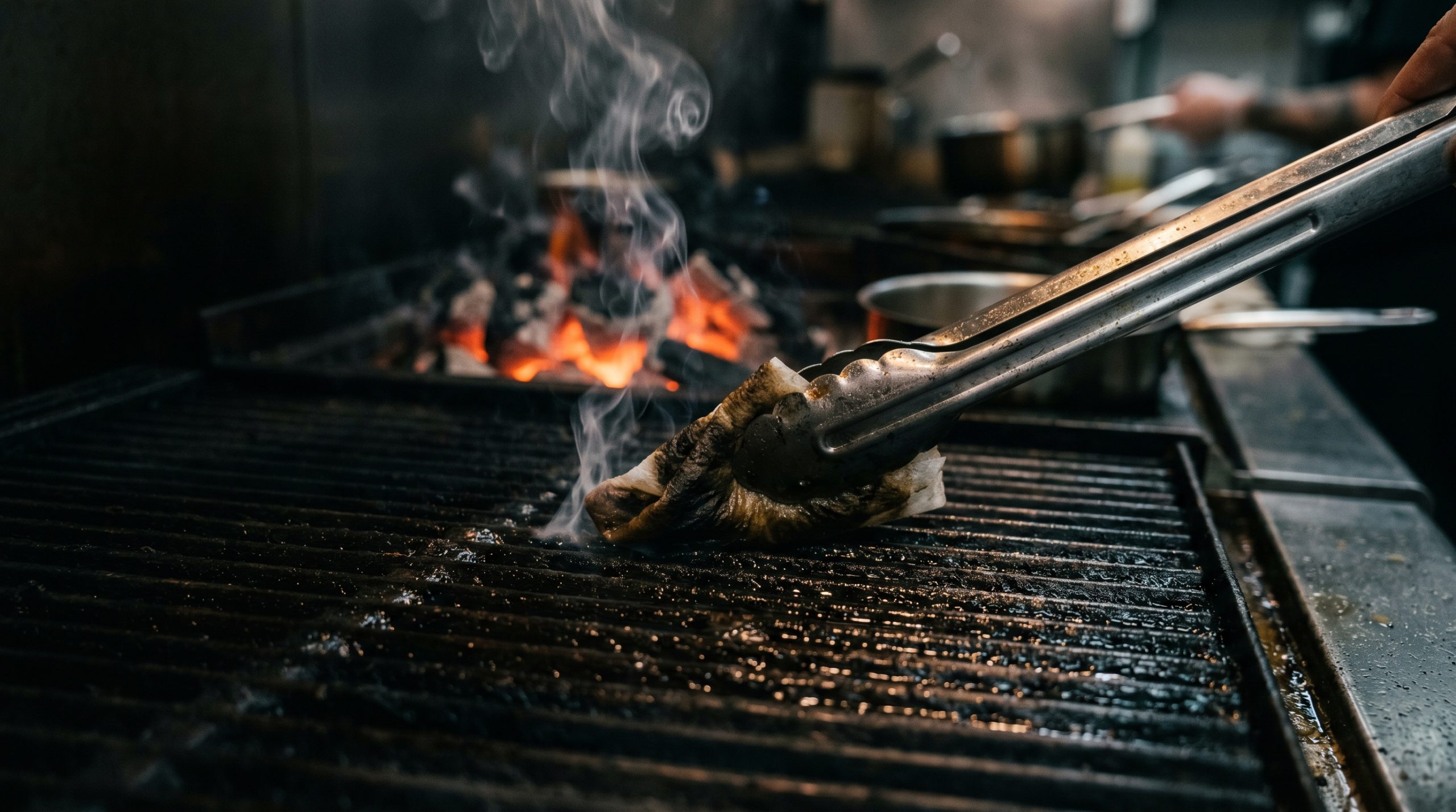 En tang som fjerner grillrester fra en kullgrill