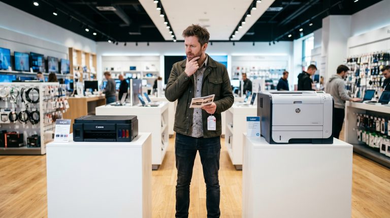 En mann som står i en elektronikkbutikk og må velge mellom laserprinter og blekkskriver
