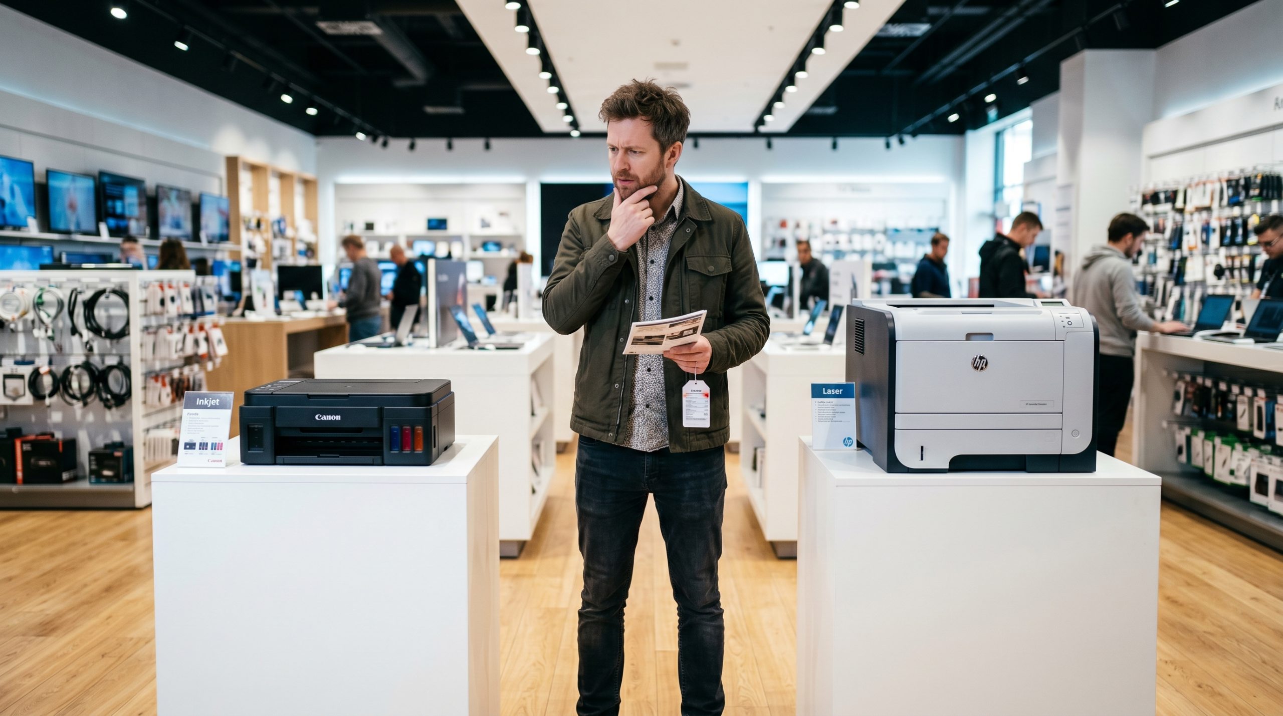 En mann som står i en elektronikkbutikk og må velge mellom laserprinter og blekkskriver