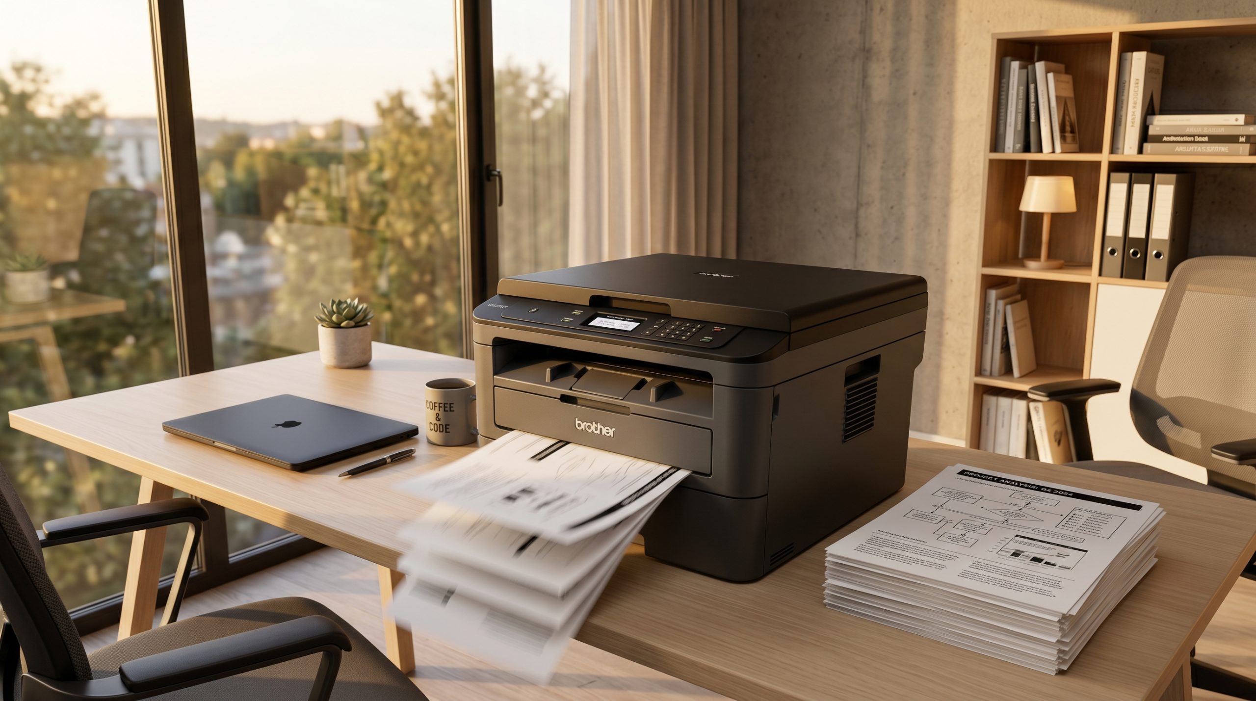 En laserprinter som spytter ut dokumenter på et hjemmekontor