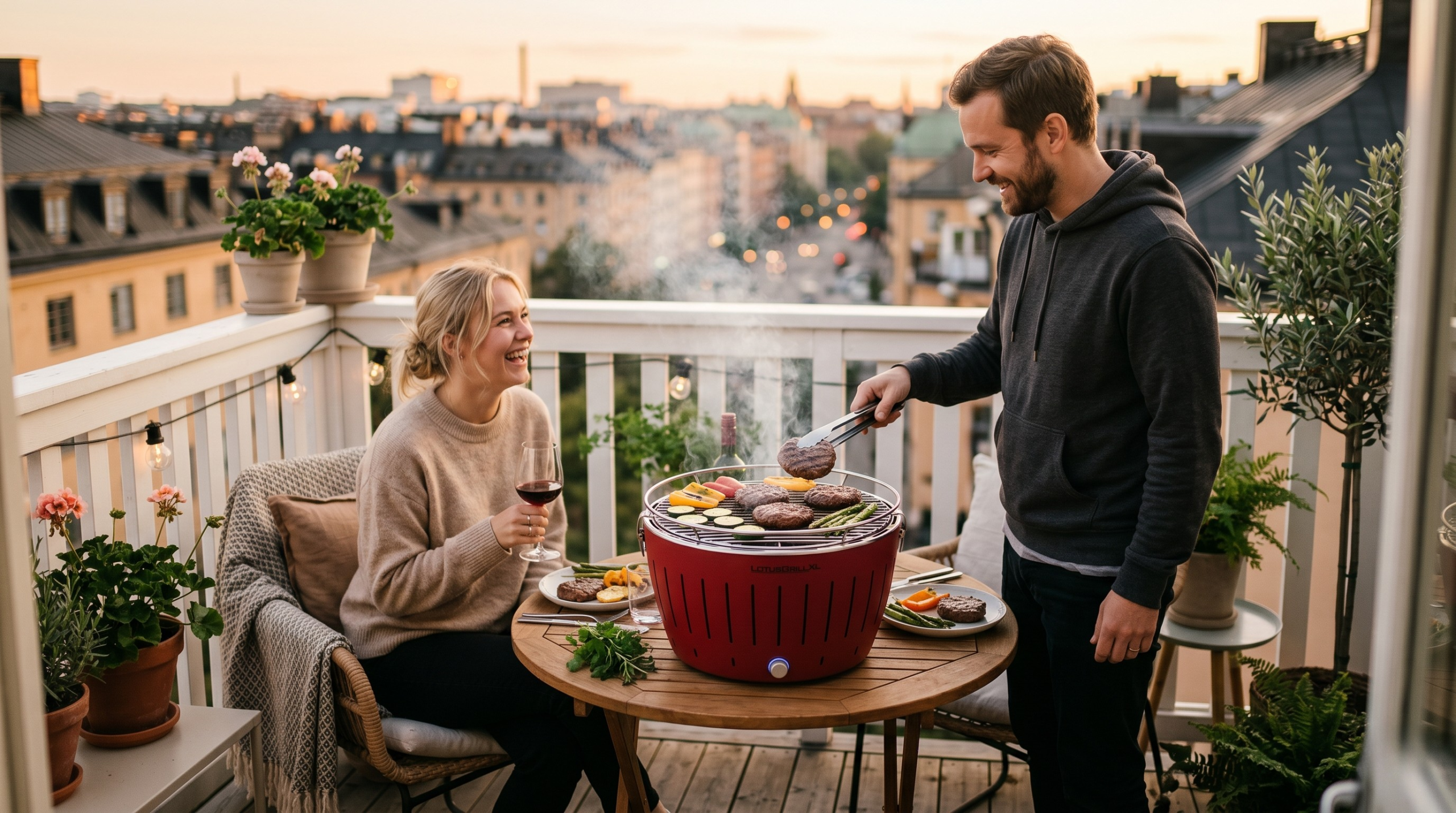 Et par som griller på sin LotusGrill XL på en veranda
