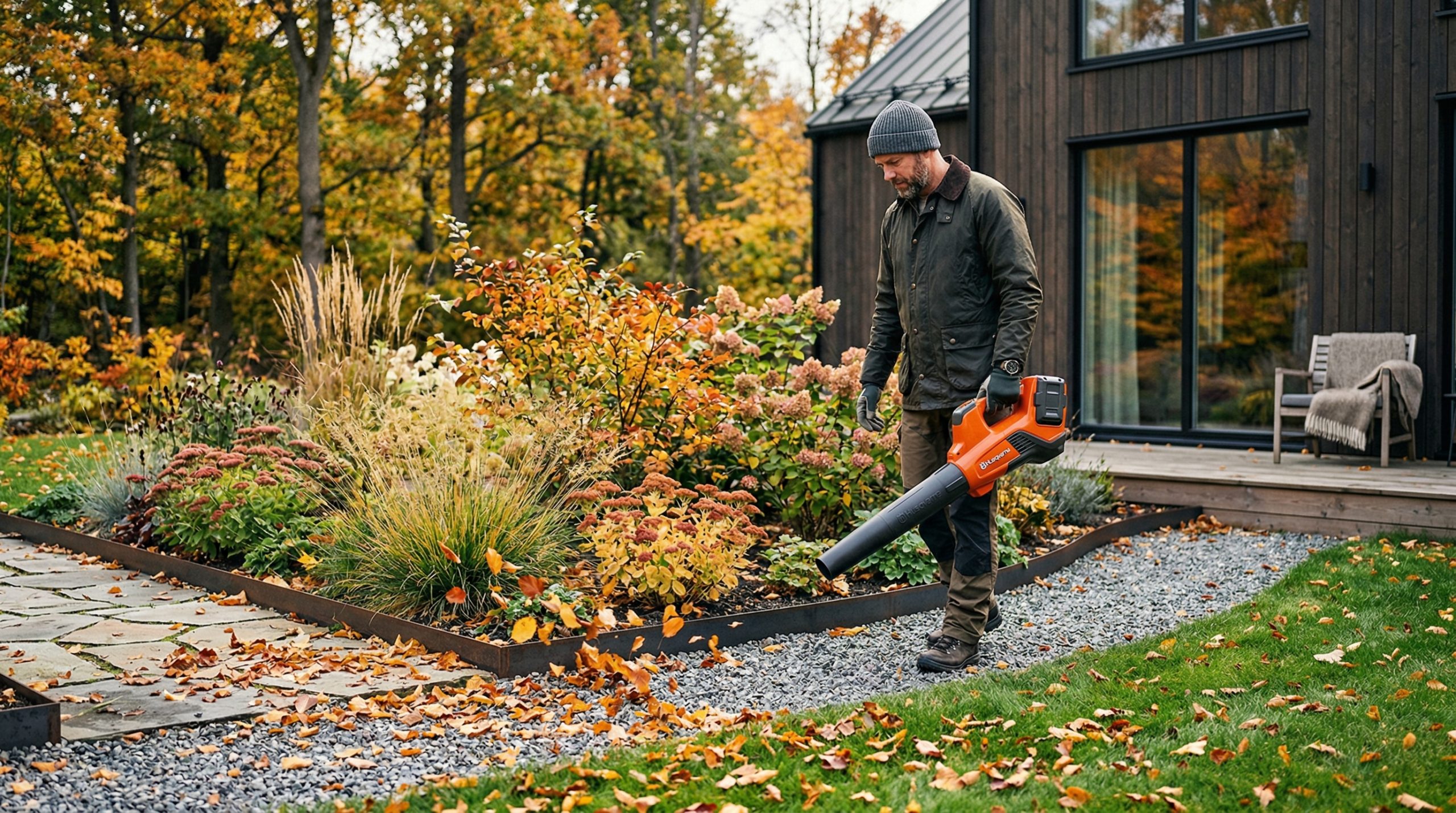 En mann som blåser løv i en hage