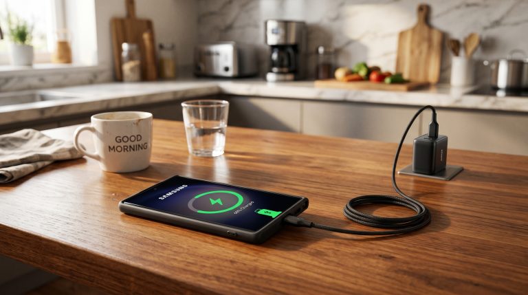 en mobiltelefon som lades på et kjøkkenbord