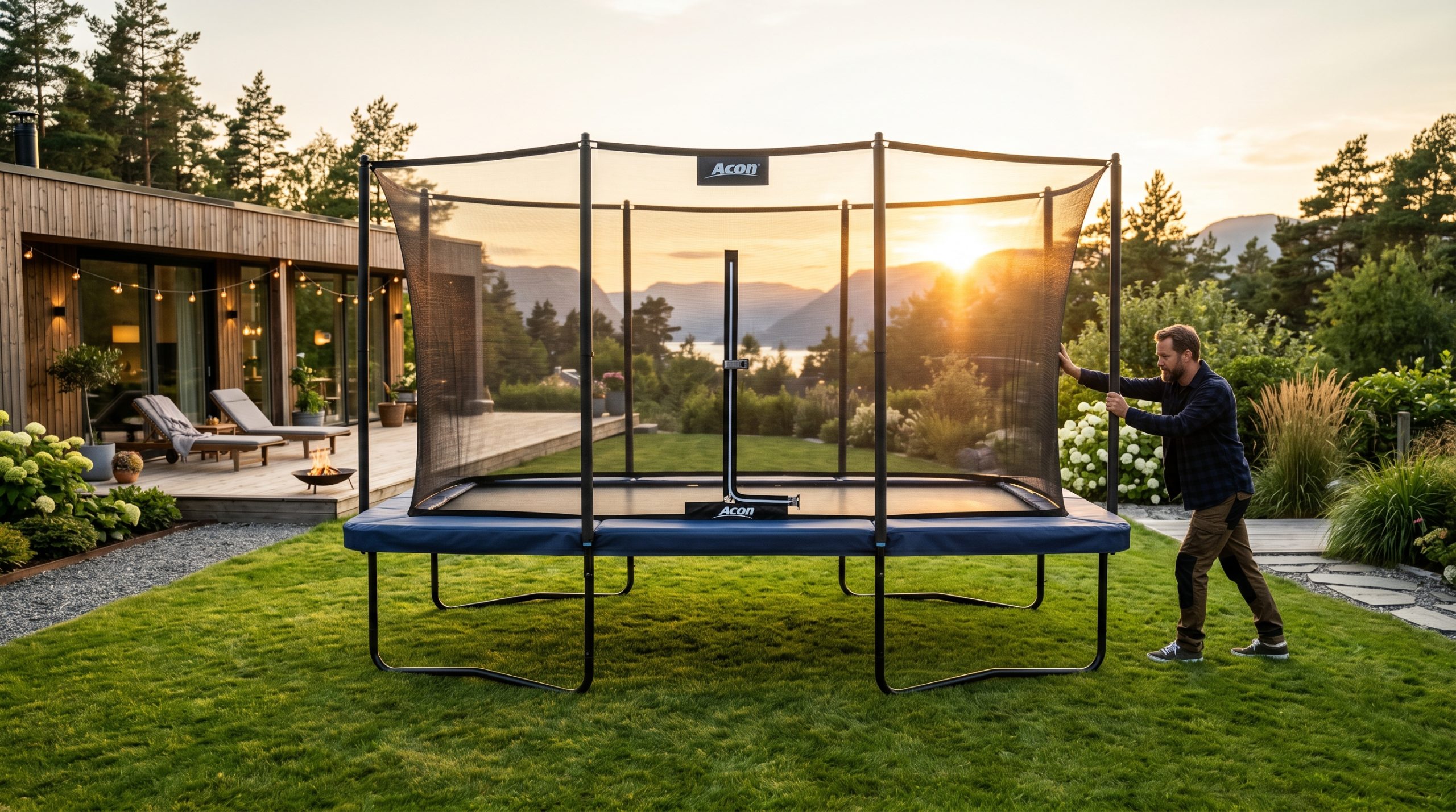 En mann som monterer en rektangulær trampoline