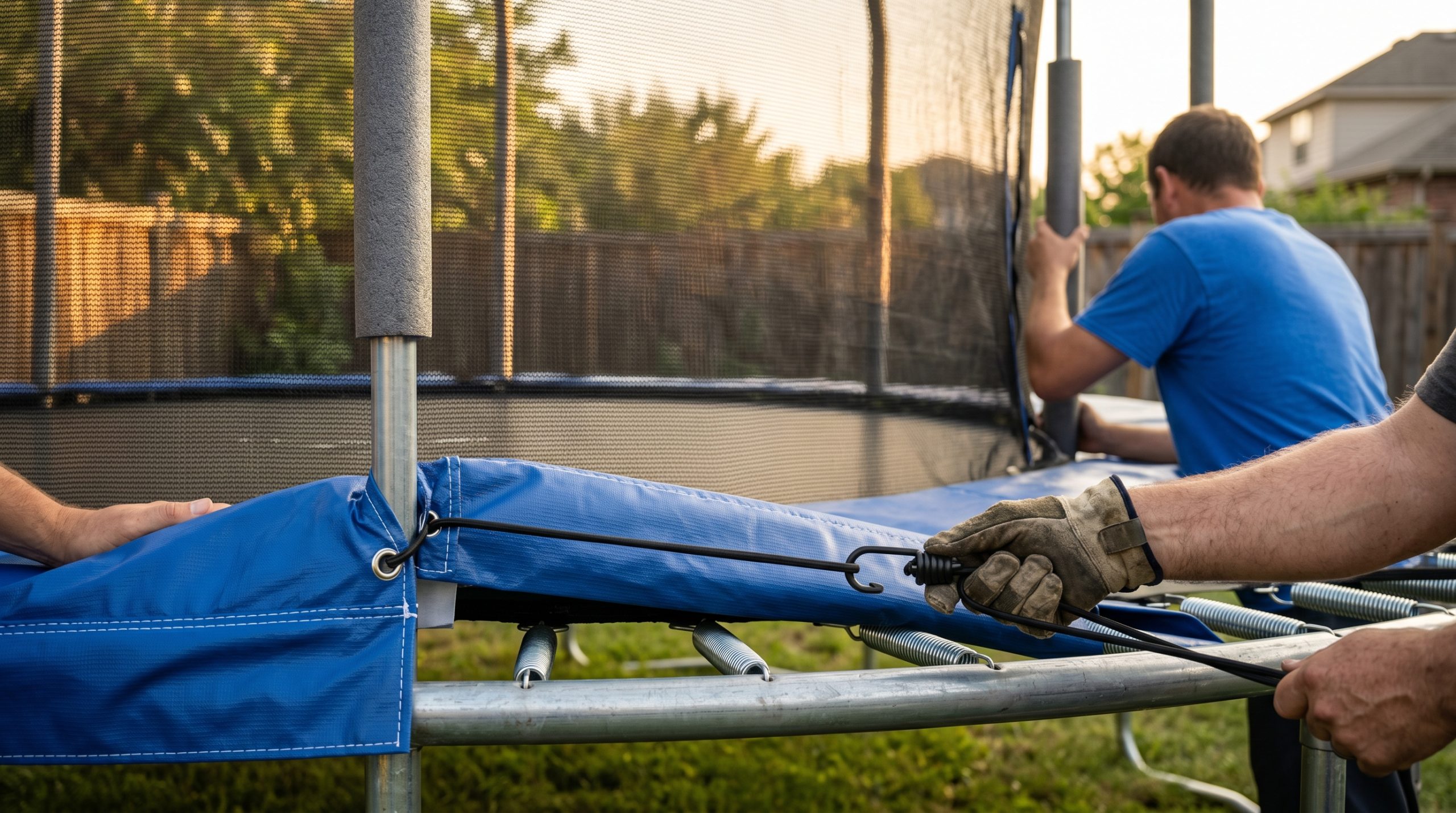 Tre personer som monterer en trampoline