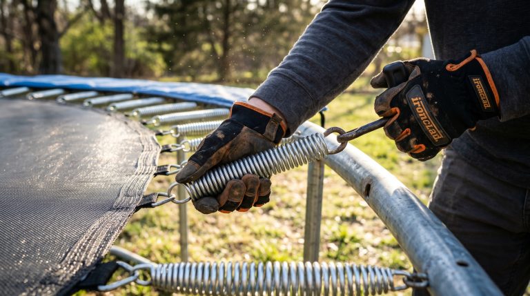 En mann som monterer fjærer på en trampoline