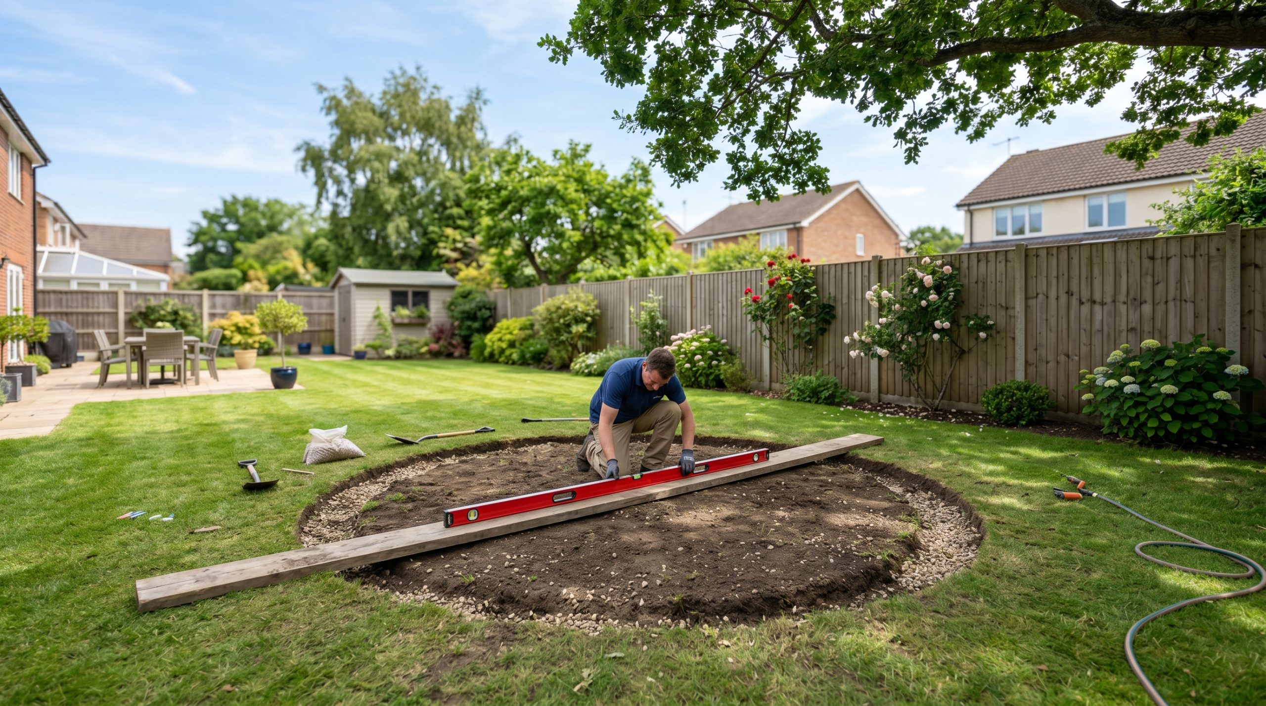 En mann som gjør klar grunnen til en trampoline