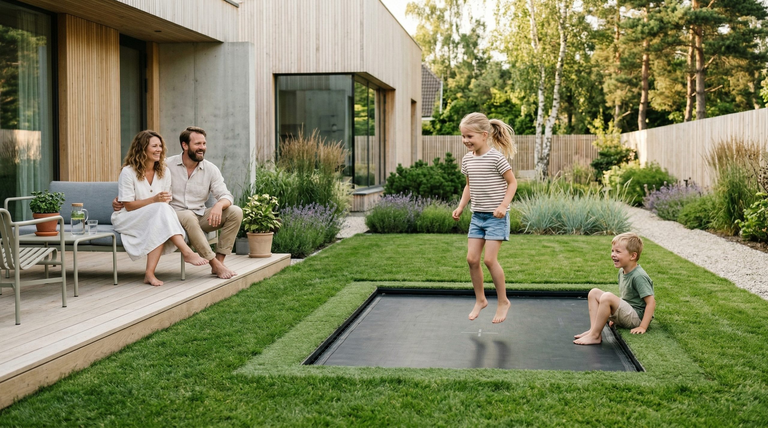 Et barn som hopper på en nedgravd trampoline mens foreldrene ser på