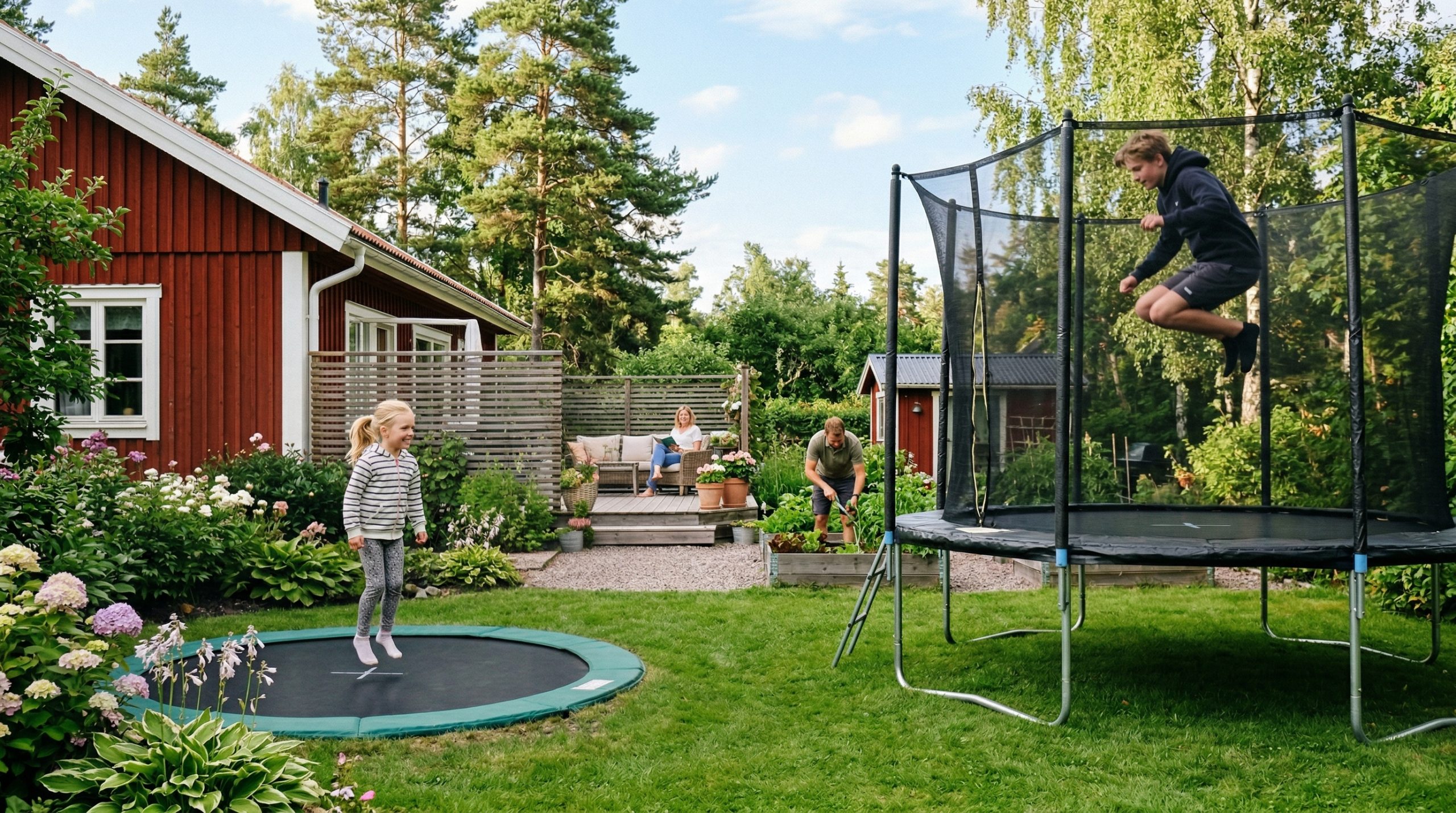En vanlig trampoline og en nedgravd trampoline ved siden av hverandre