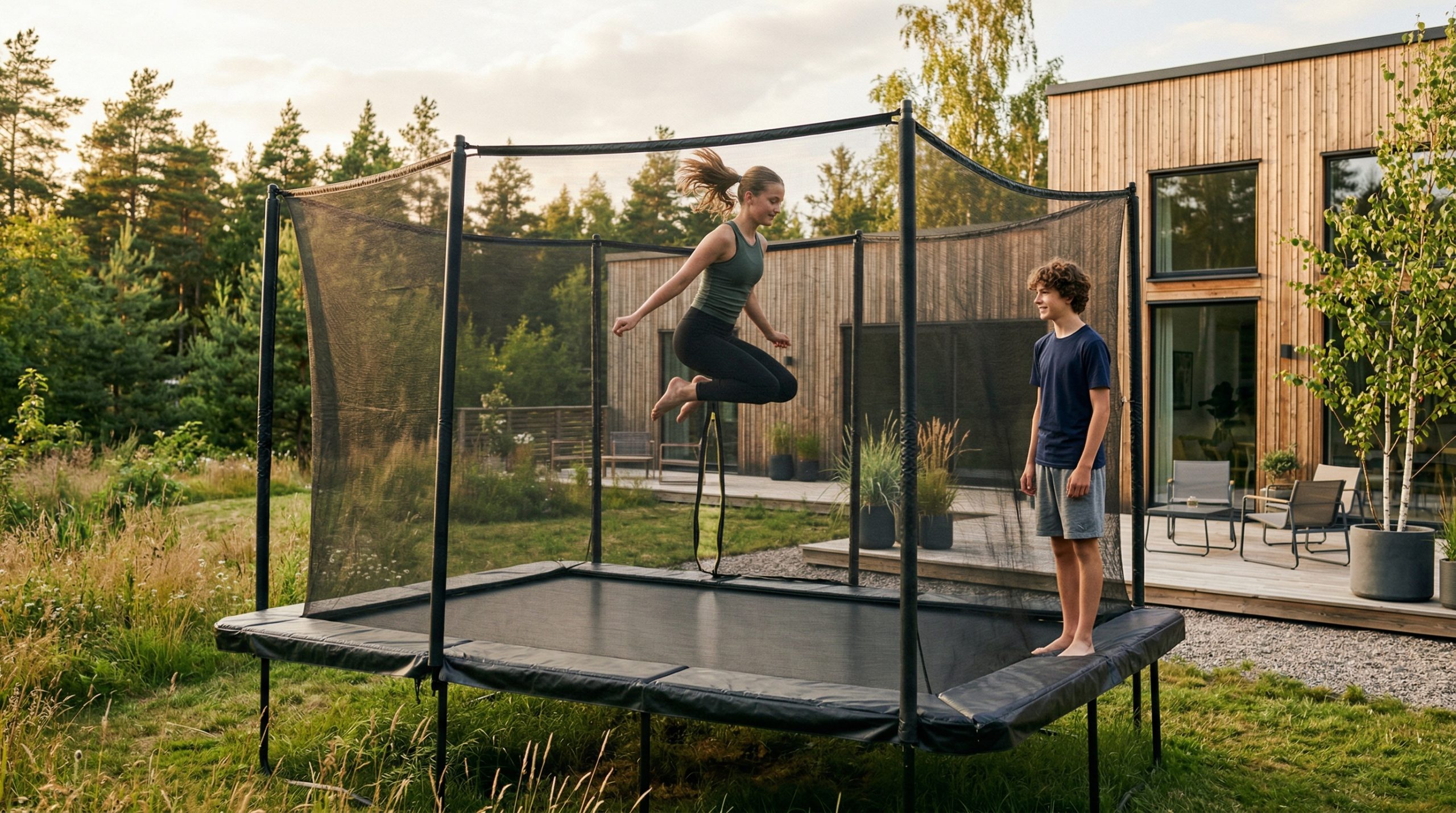 To tenåringer som hopper på en rektangulær trampoline