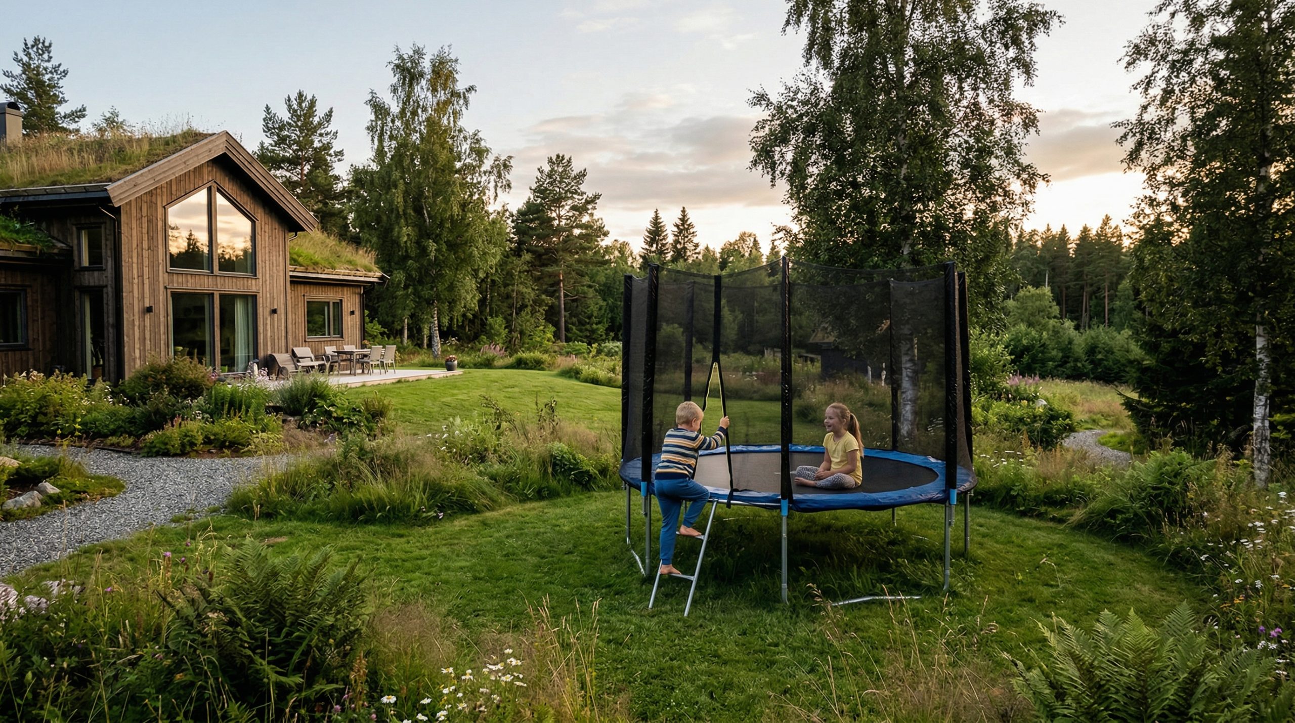 Trampoline i en hage