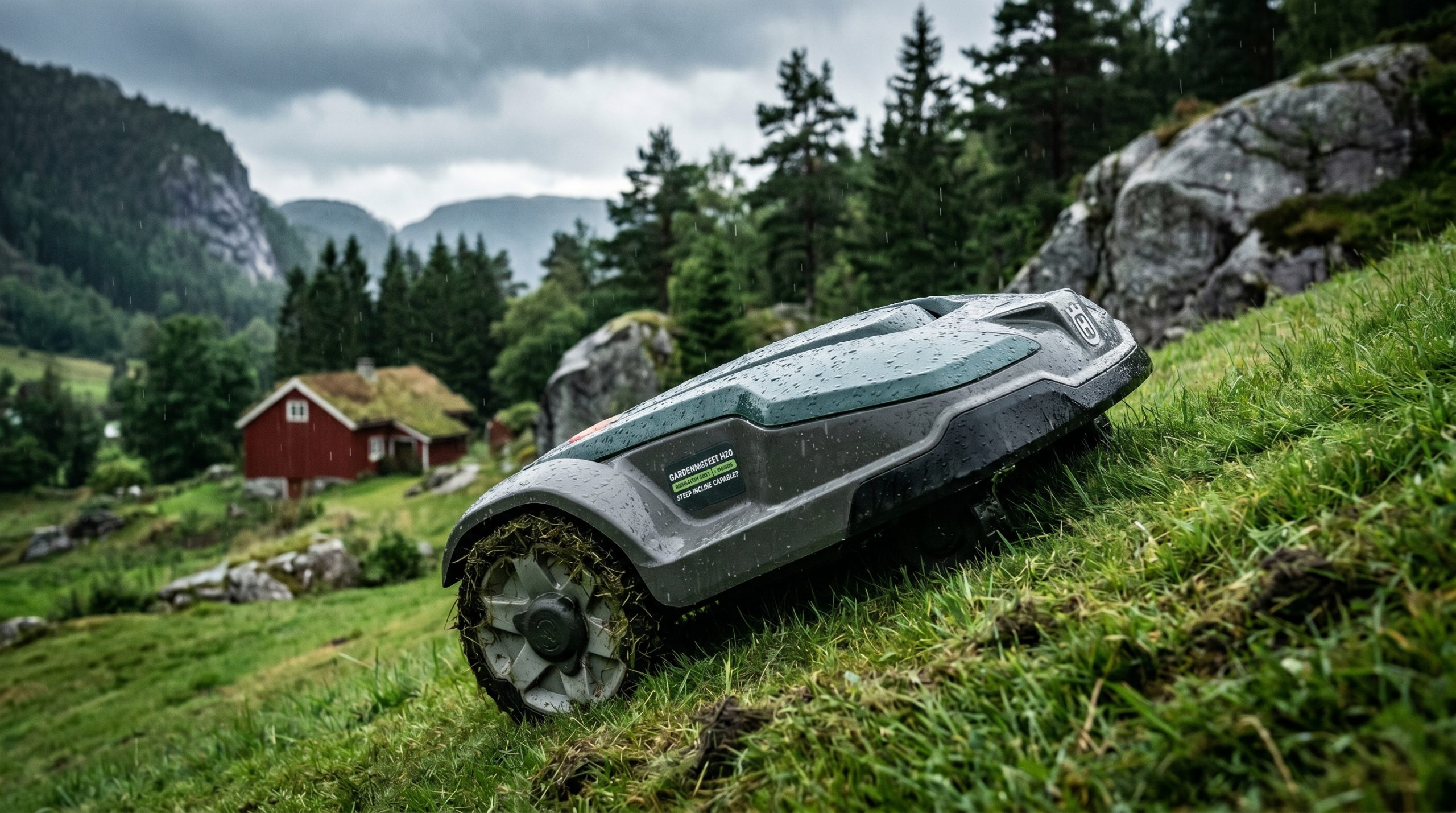 En moderne robotgressklipper opp en bratt bakke