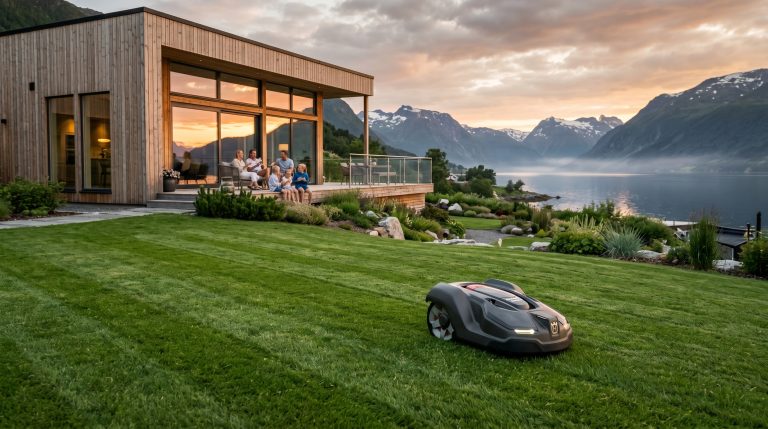 En moderne robotgressklipper på en idyllisk plen
