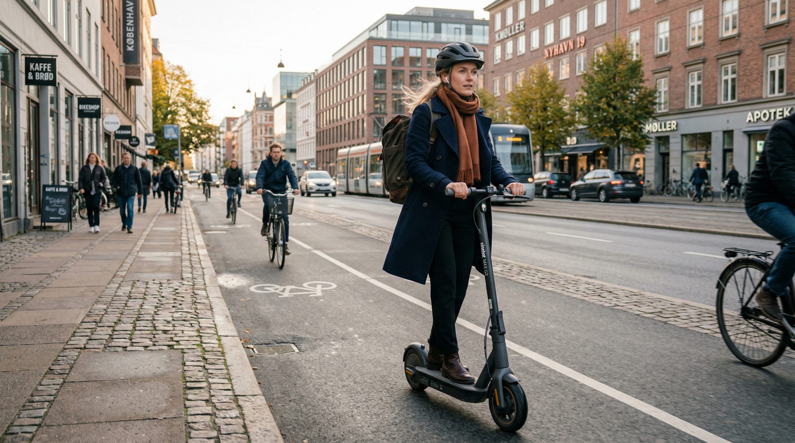 En kvinne på en Segway Ninebot Max G2 i en bygate