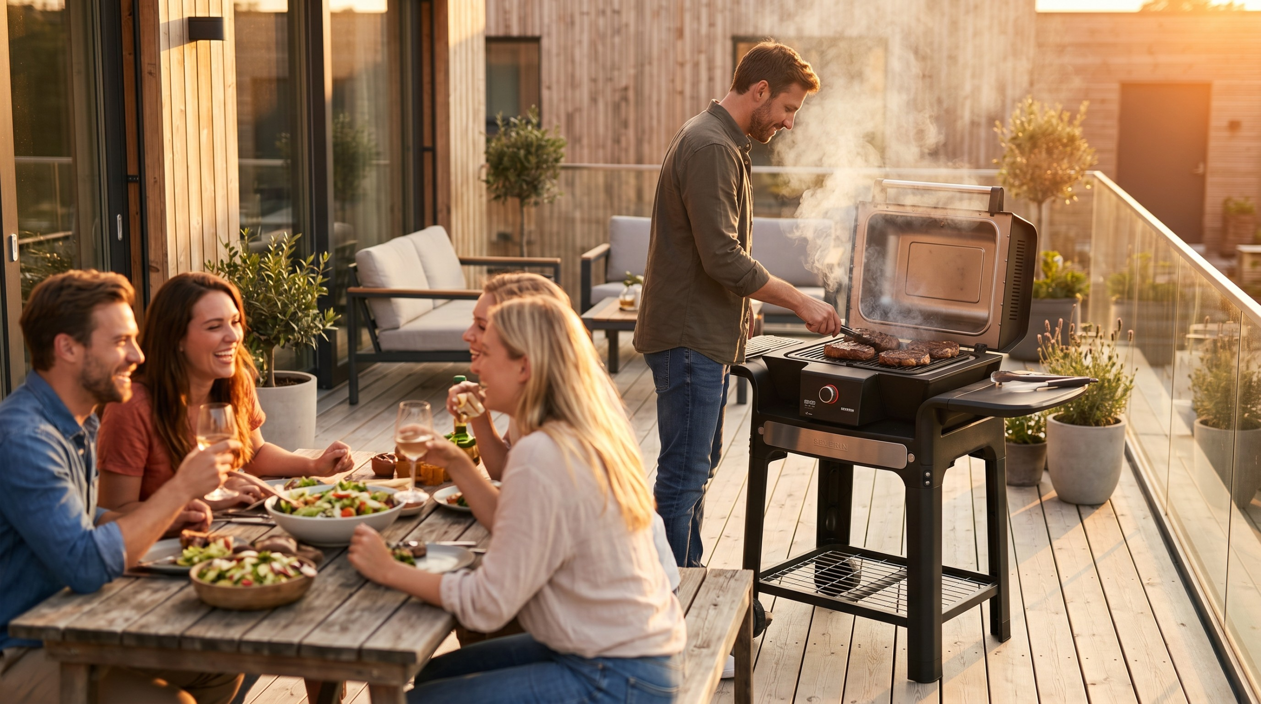 En familie som griller på en Severin Sevo GTS 500 på en veranda