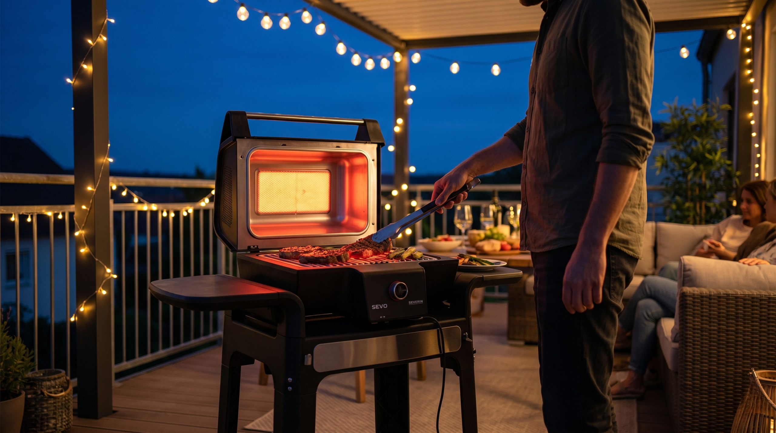 Severin Sevo GTS 500 elektrisk grill på en veranda i solnedgang