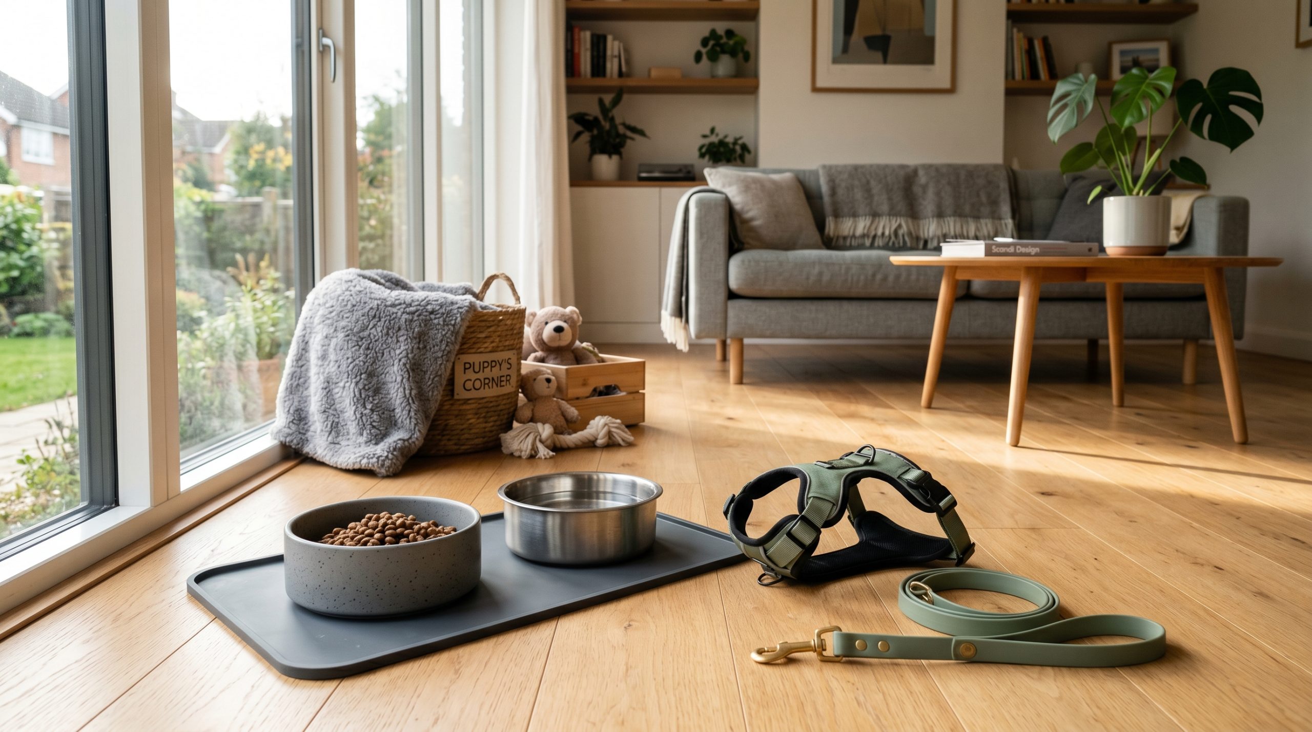 En stue med forskjellig valpeutstyr