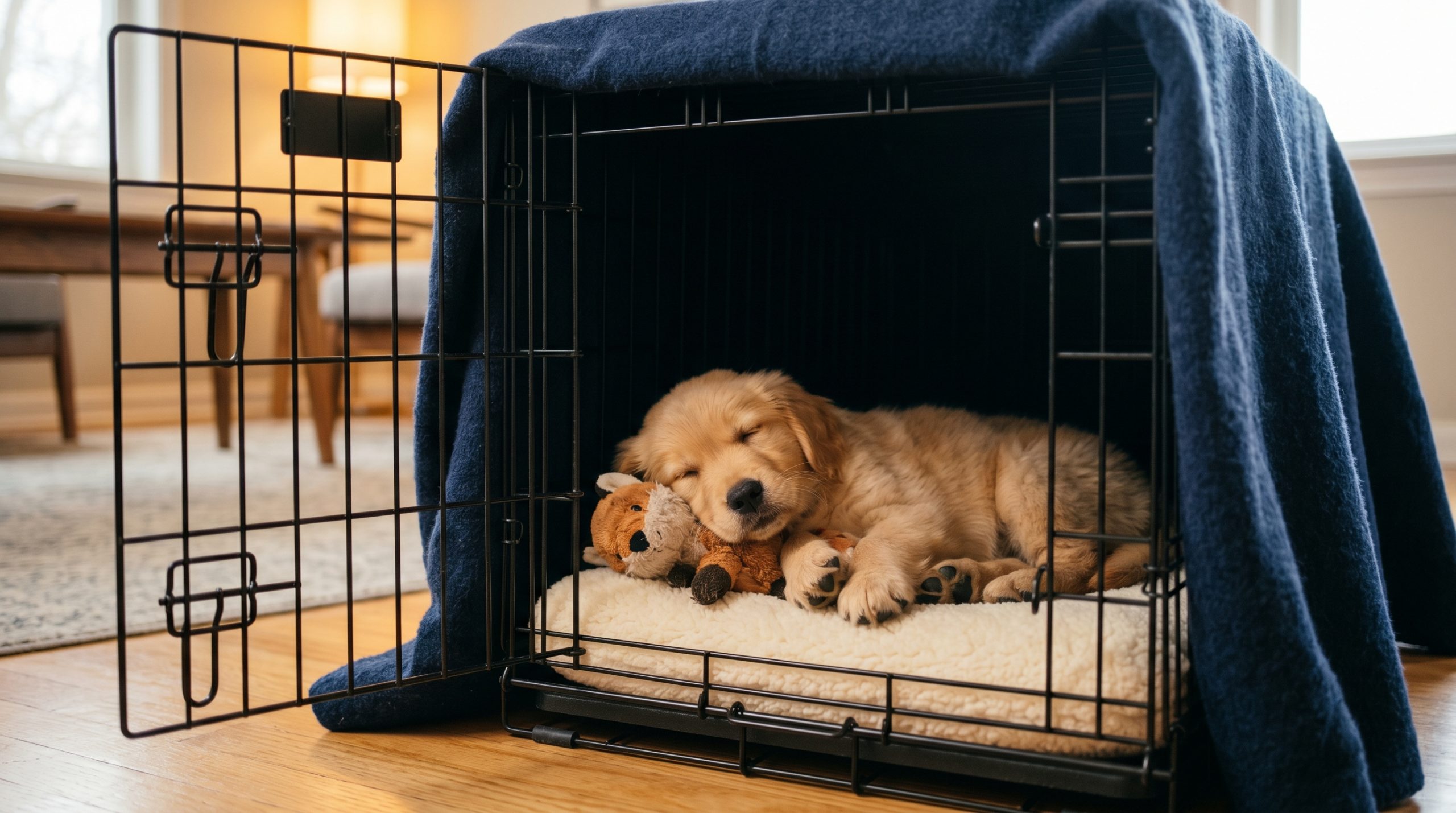En valp som slapper av i et åpent hundebur i en stue