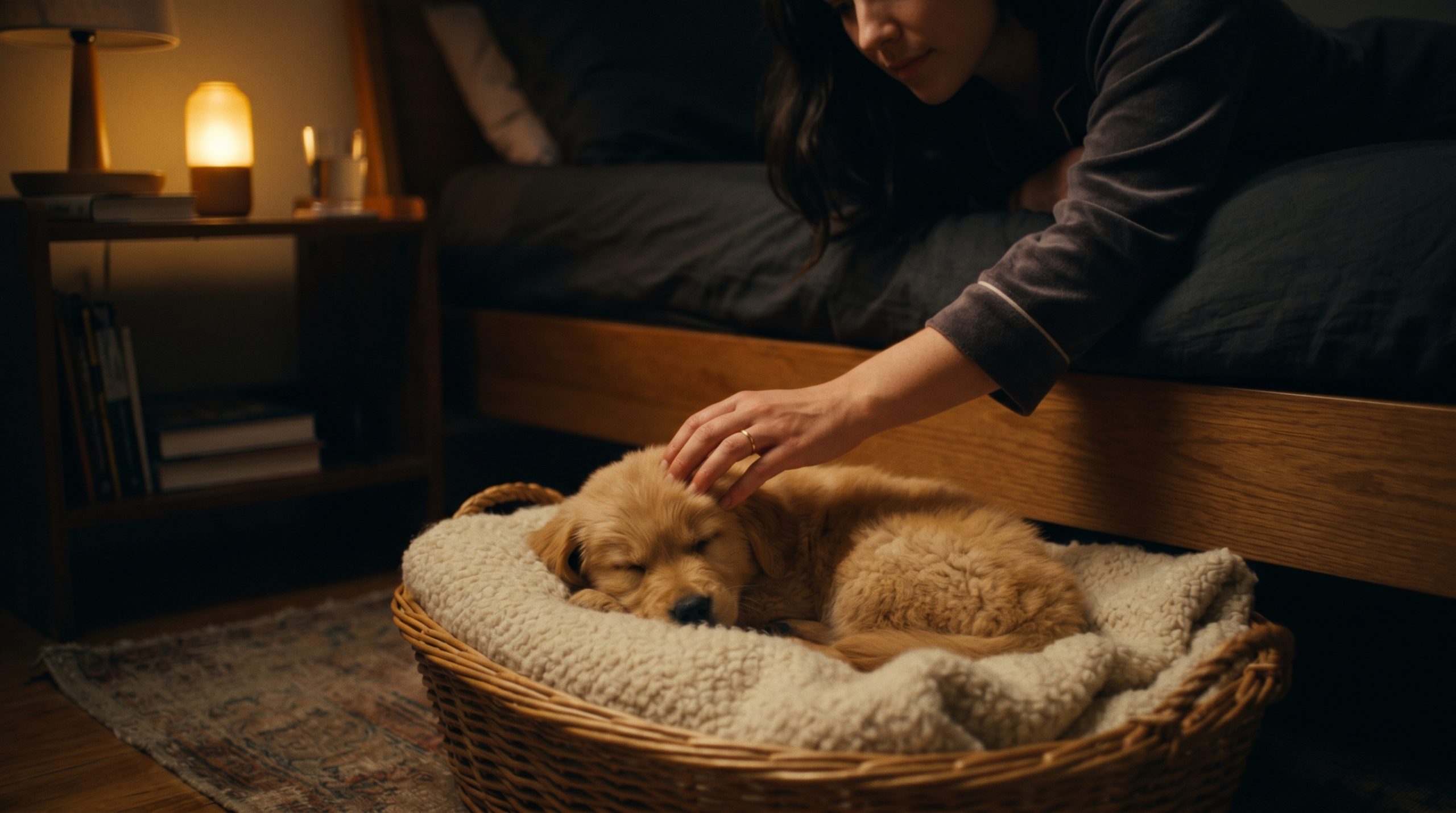 En valp som sover i en hundeseng, mens en person stryker den