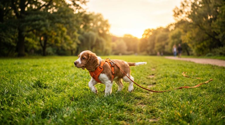 En valp ute på en gåtur i solnedgangen på en gresslette