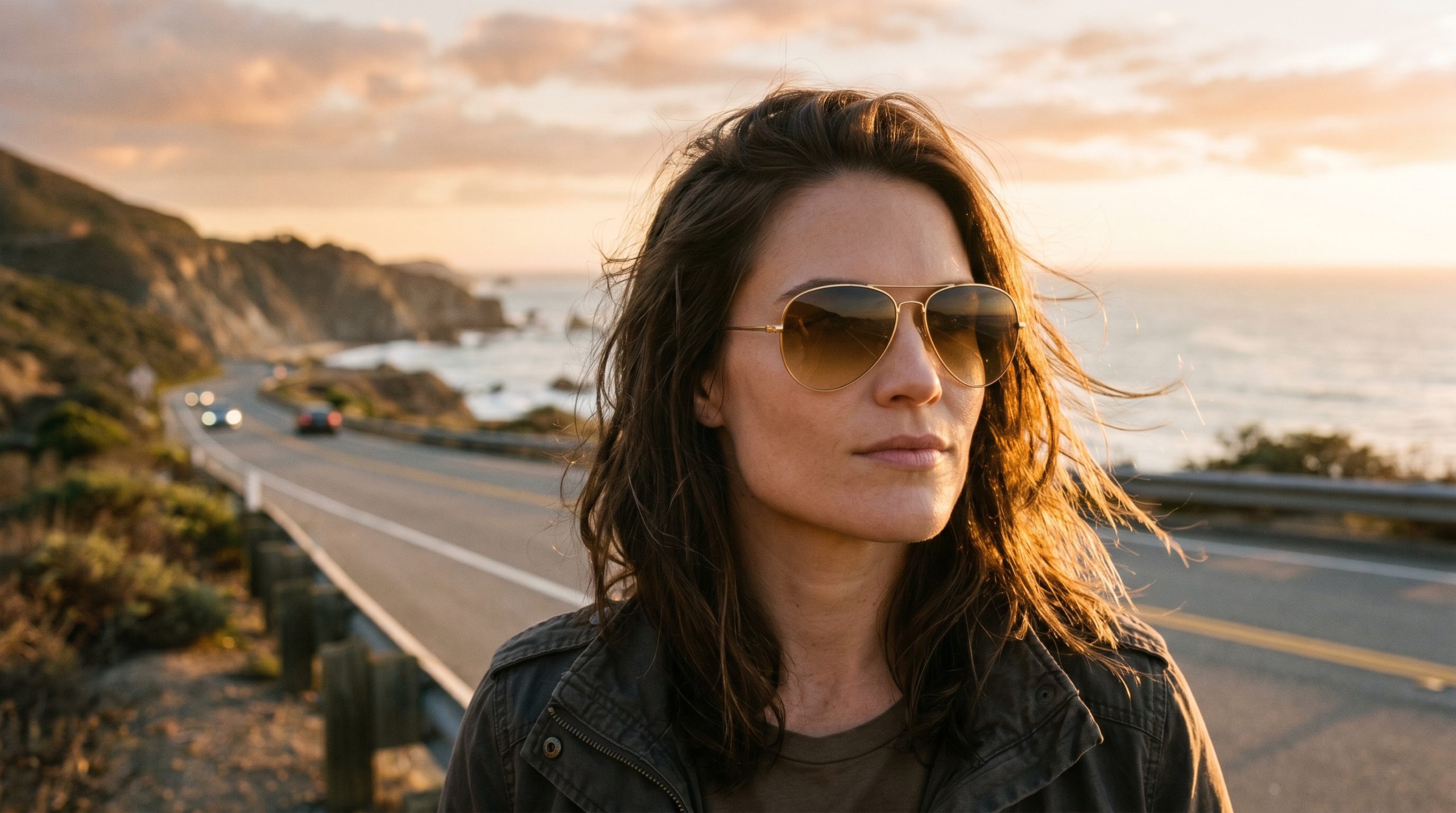 En kvinne i solnedgangen med et par moderne solbriller