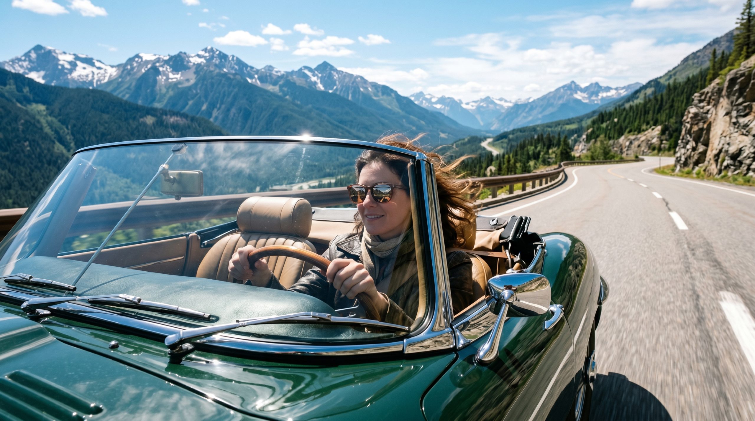 En kvinne som kjører bil med et par moderne solbriller på