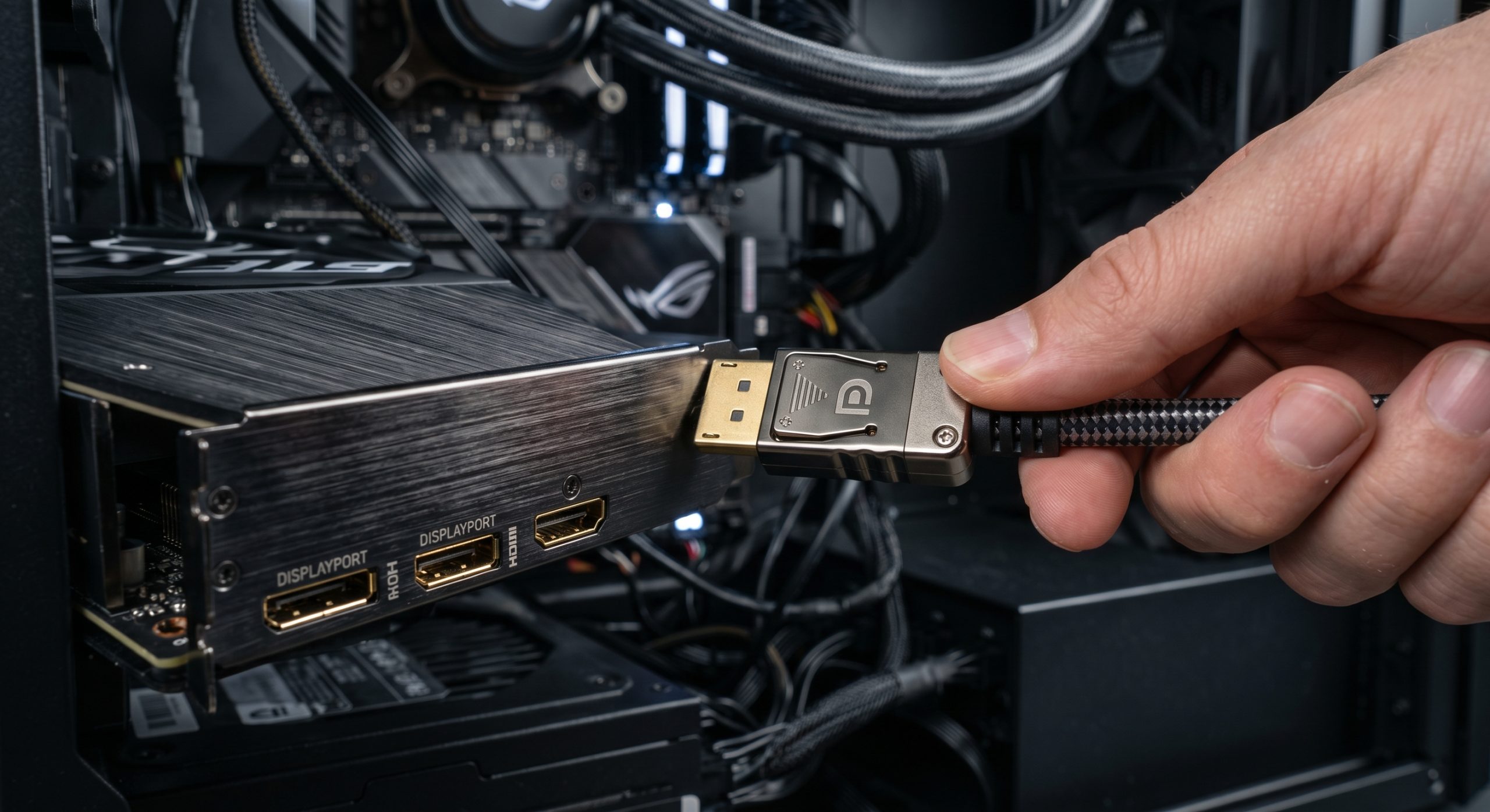 En HDMI-kabel som er frakoblet en PC