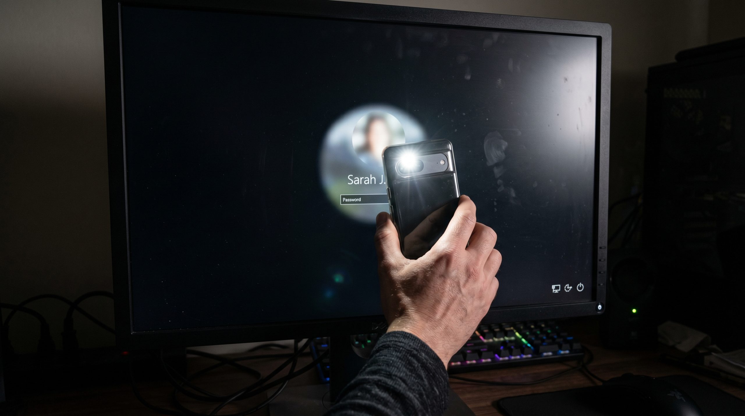 En hånd som holder en mobil som lyser mot en PC som ikke har lys