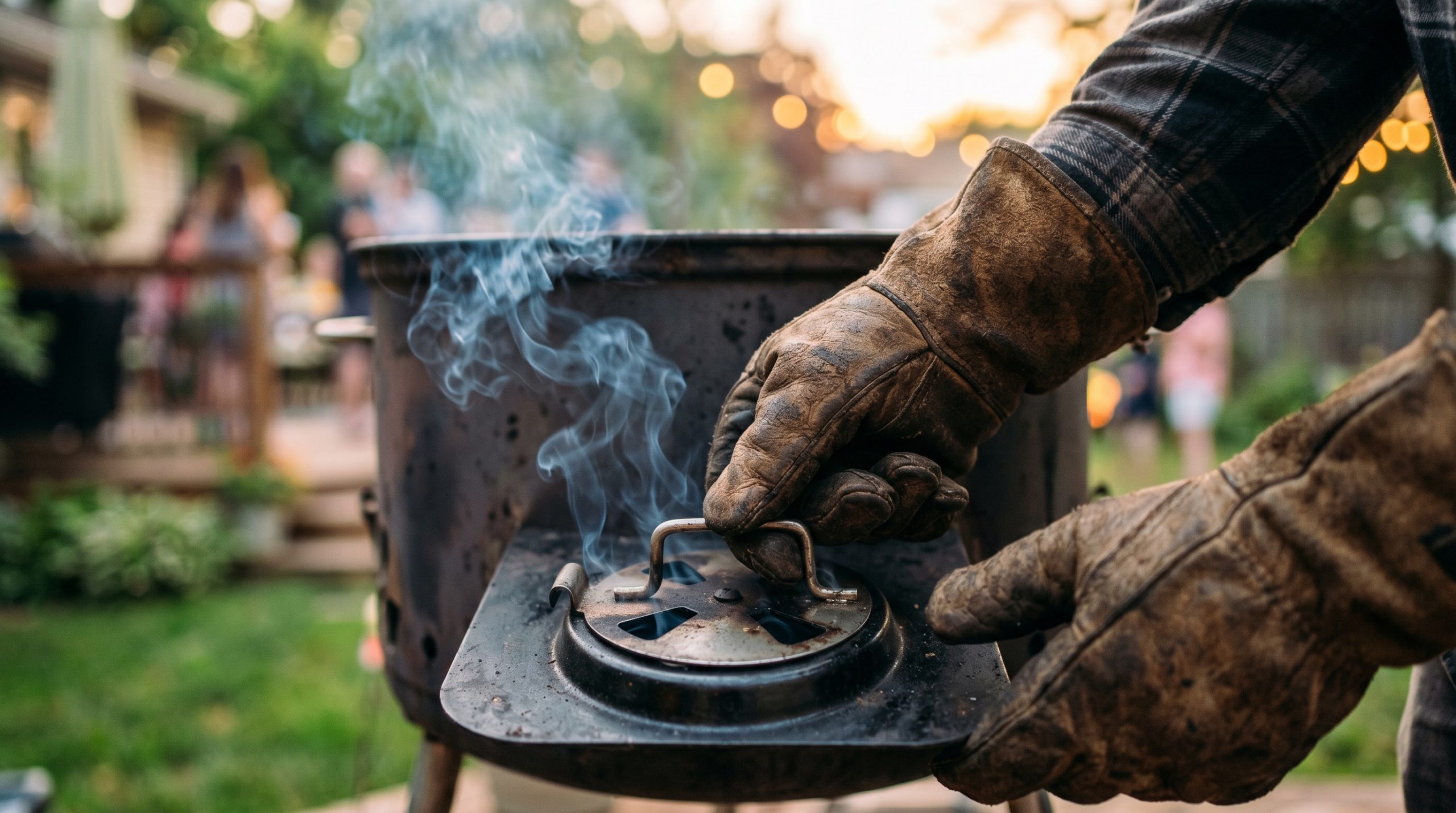 En mann som holder luftinntaket som sitter i en kullgrill