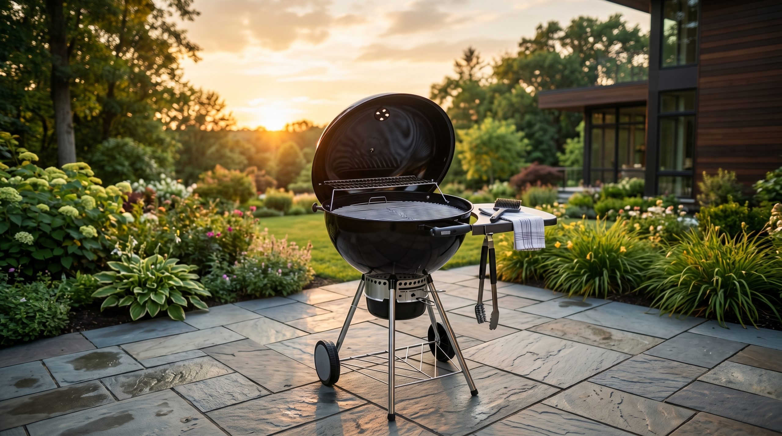 En kullgrill i solnedgangen i en norsk hage