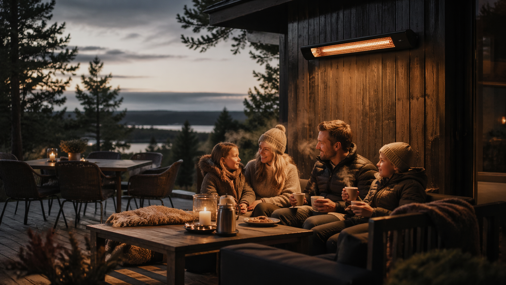 En familie under en terrassevarmer i høstmørket