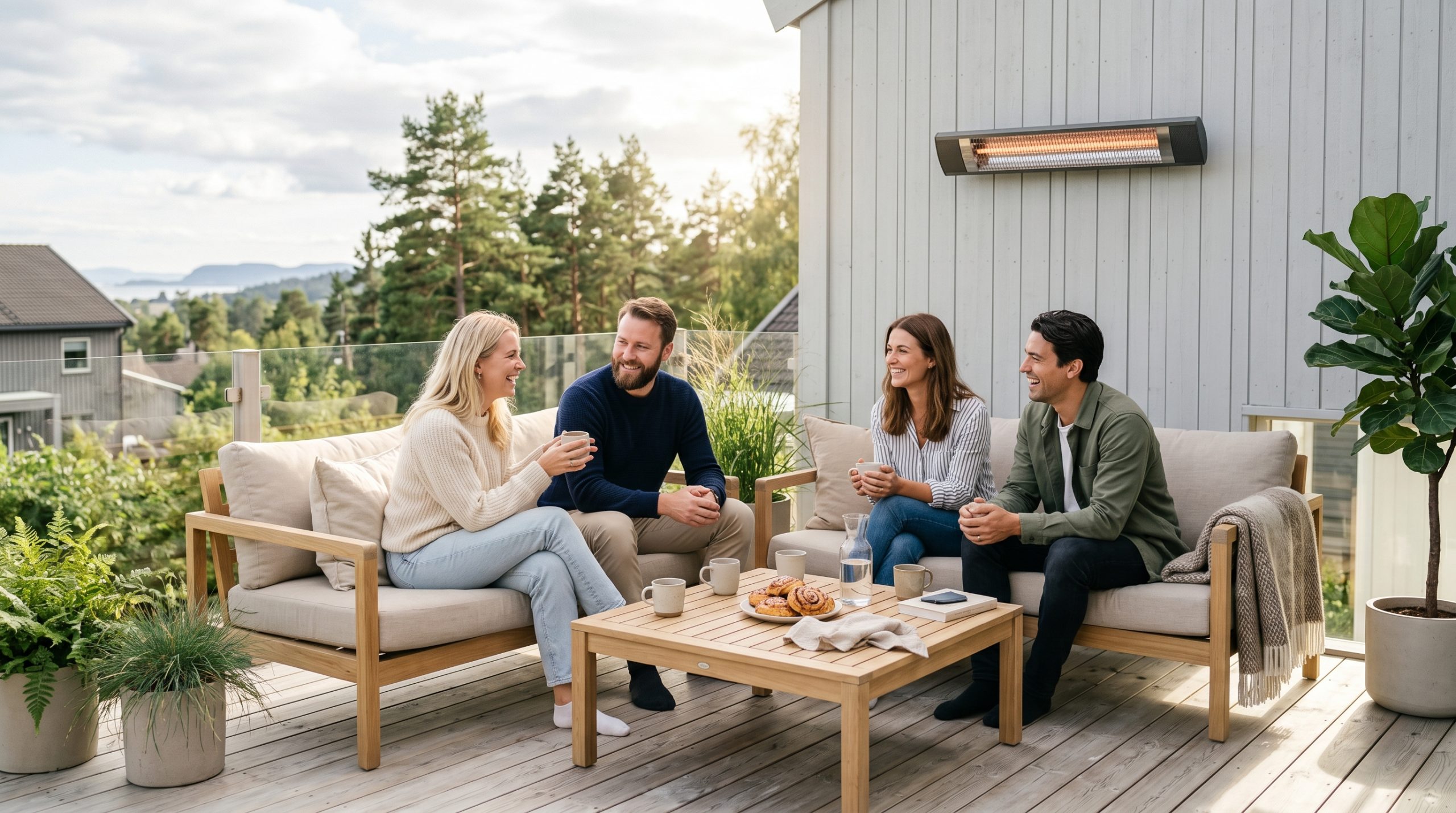 To par som sitter under kveldssola og under en terrassevarmer