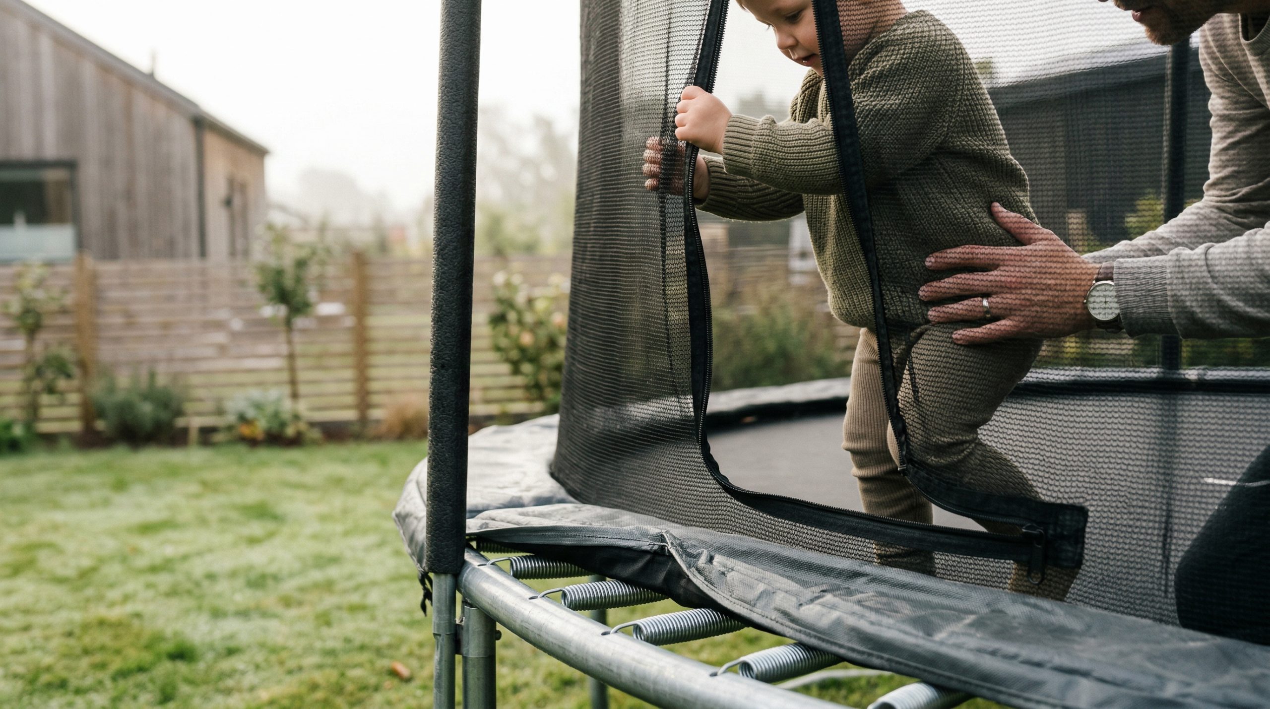 Et barn i en trampoline som prøver å komme seg ut, mens faren holder rundt ham