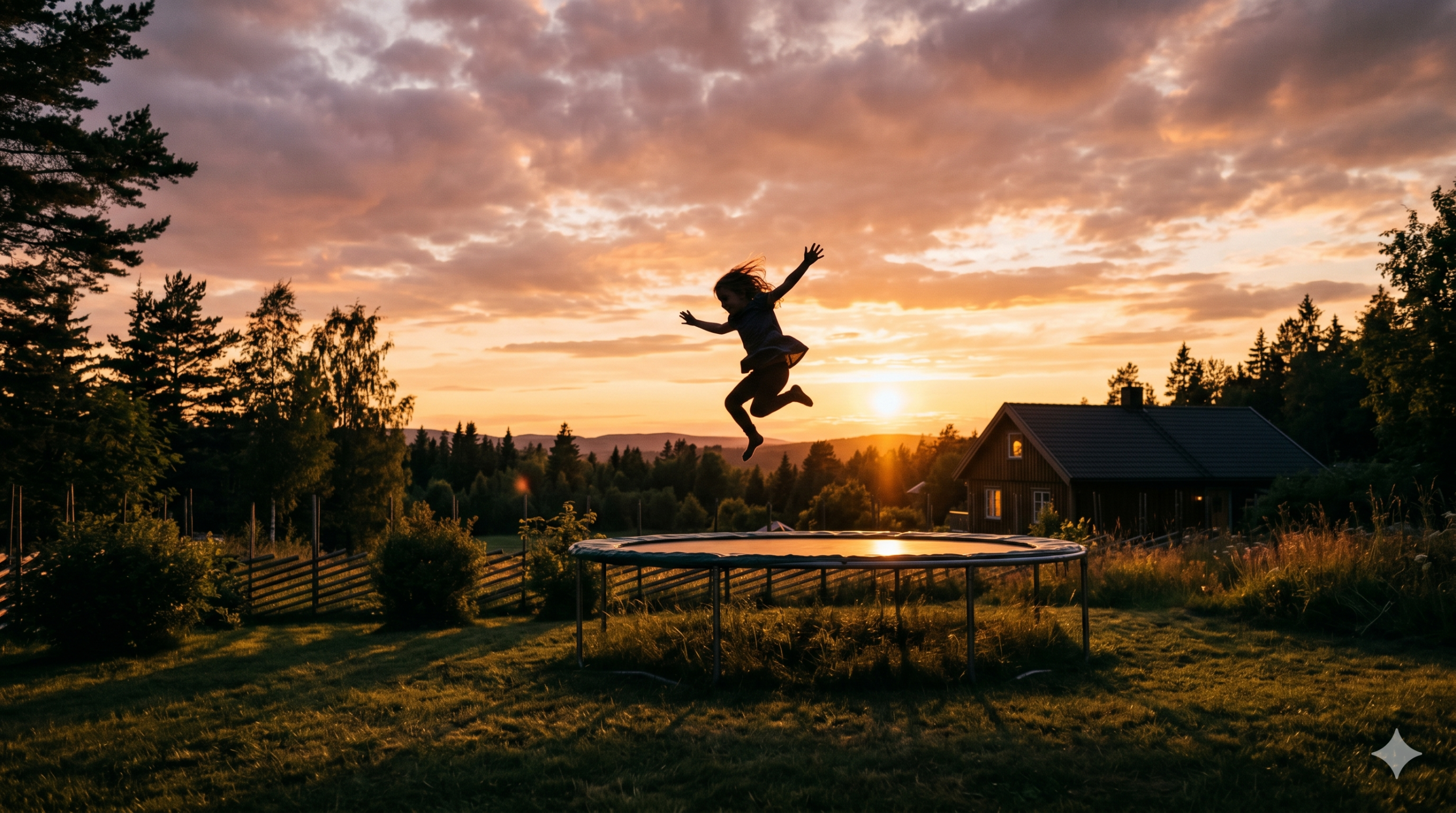 Et barn som hopper på en trampoline i solnedgang