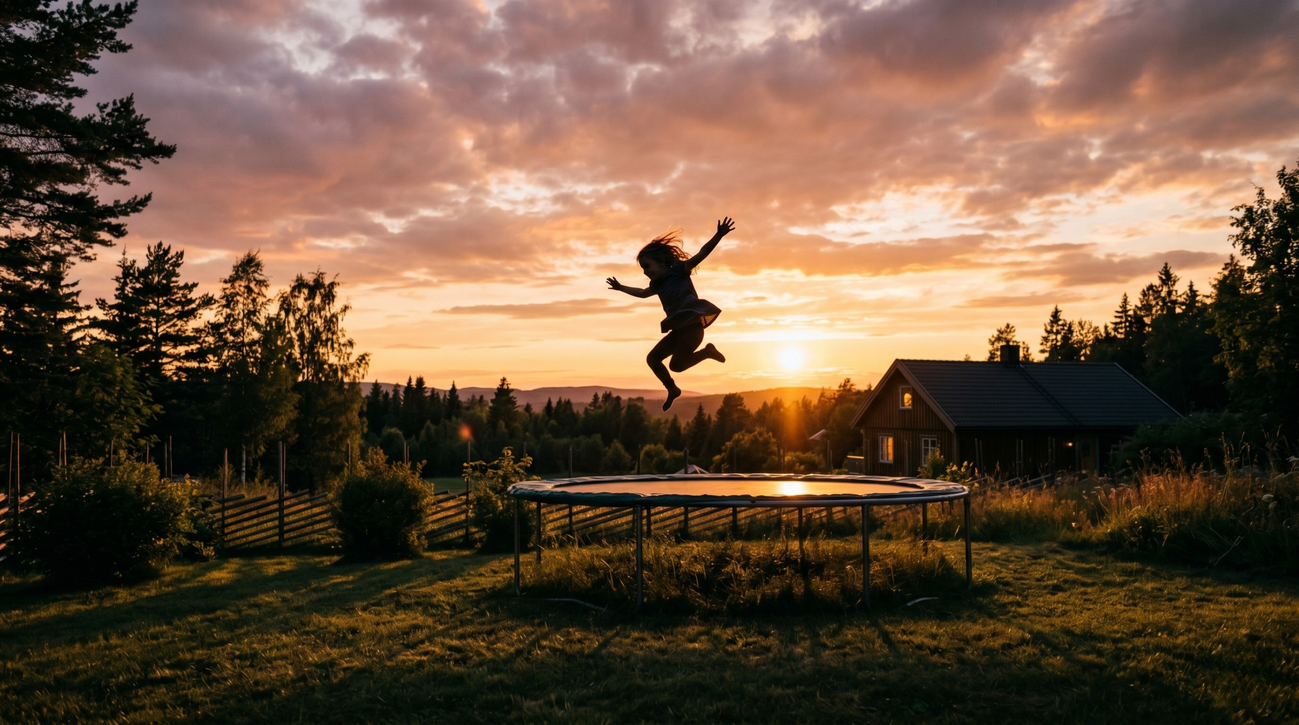 Et barn som hopper på en trampoline i solnedgang