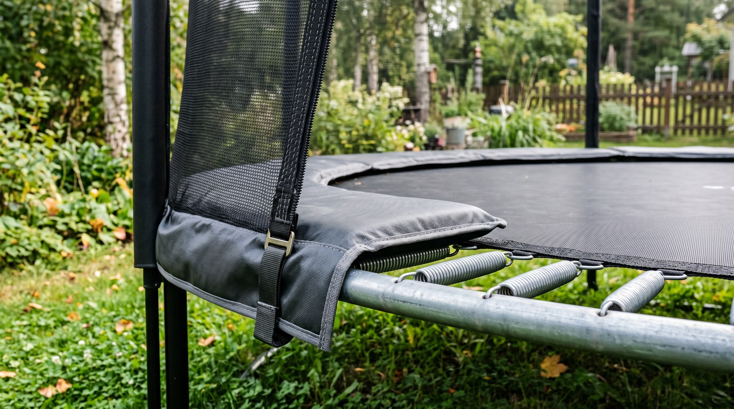 Et nærbilde av en trampoline, med alle sikkerhetsmekanismer synlig