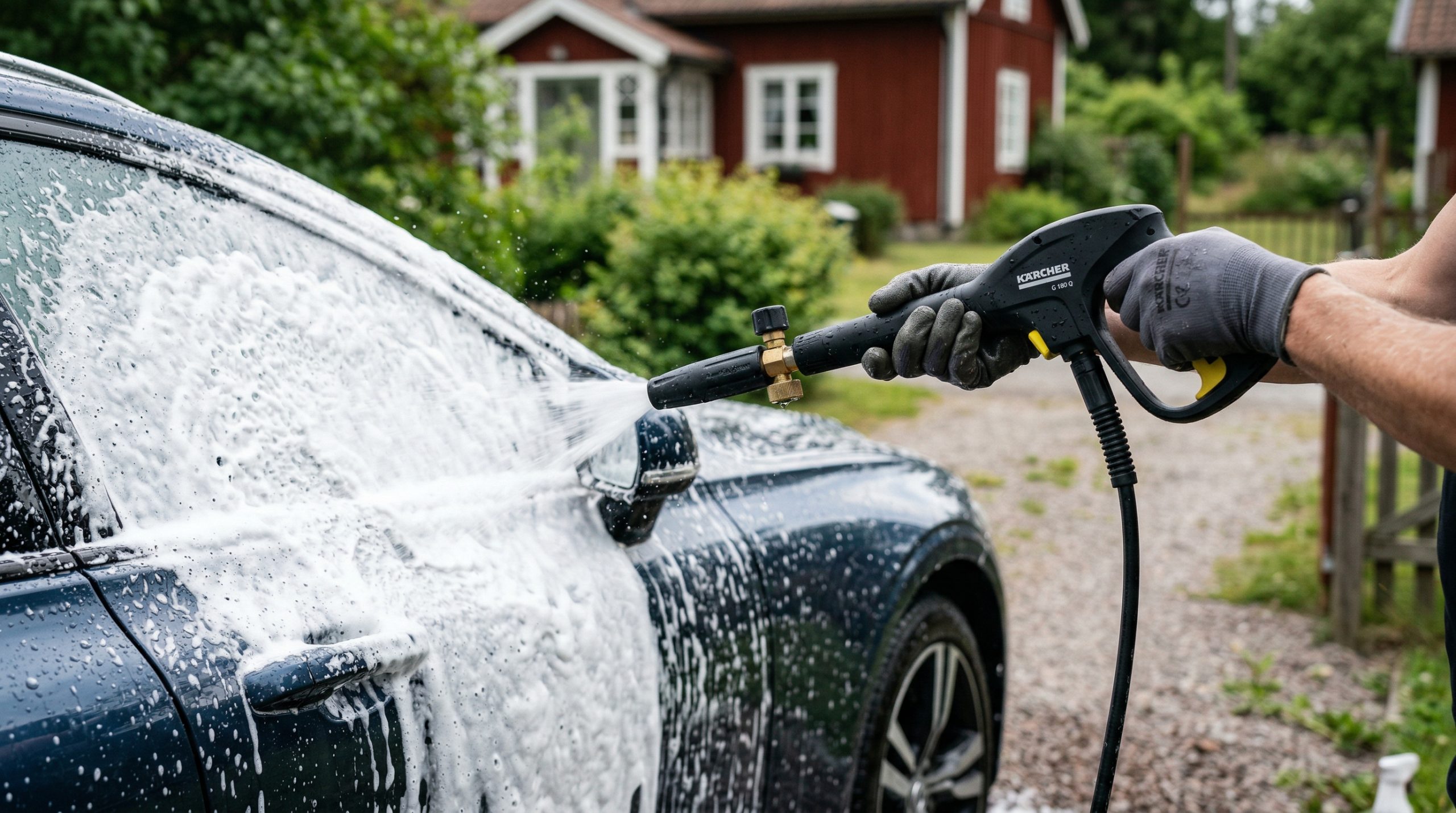 Nærbilde av en hånd og en høytrykkspyler som vasker en bil