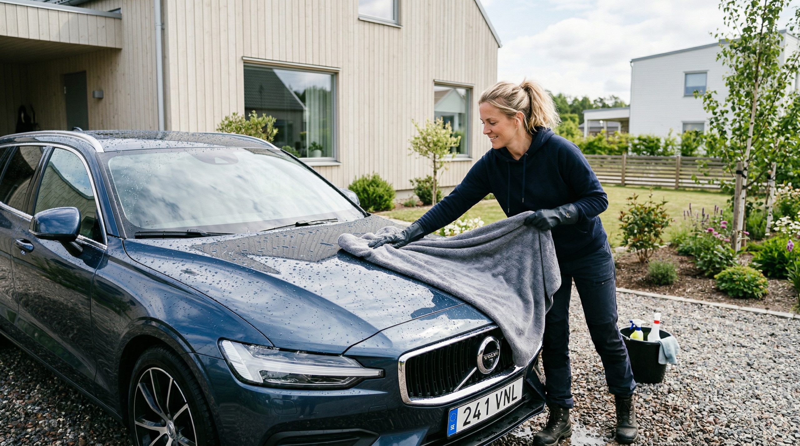 En kvinne som tørker bilen sin etter vask