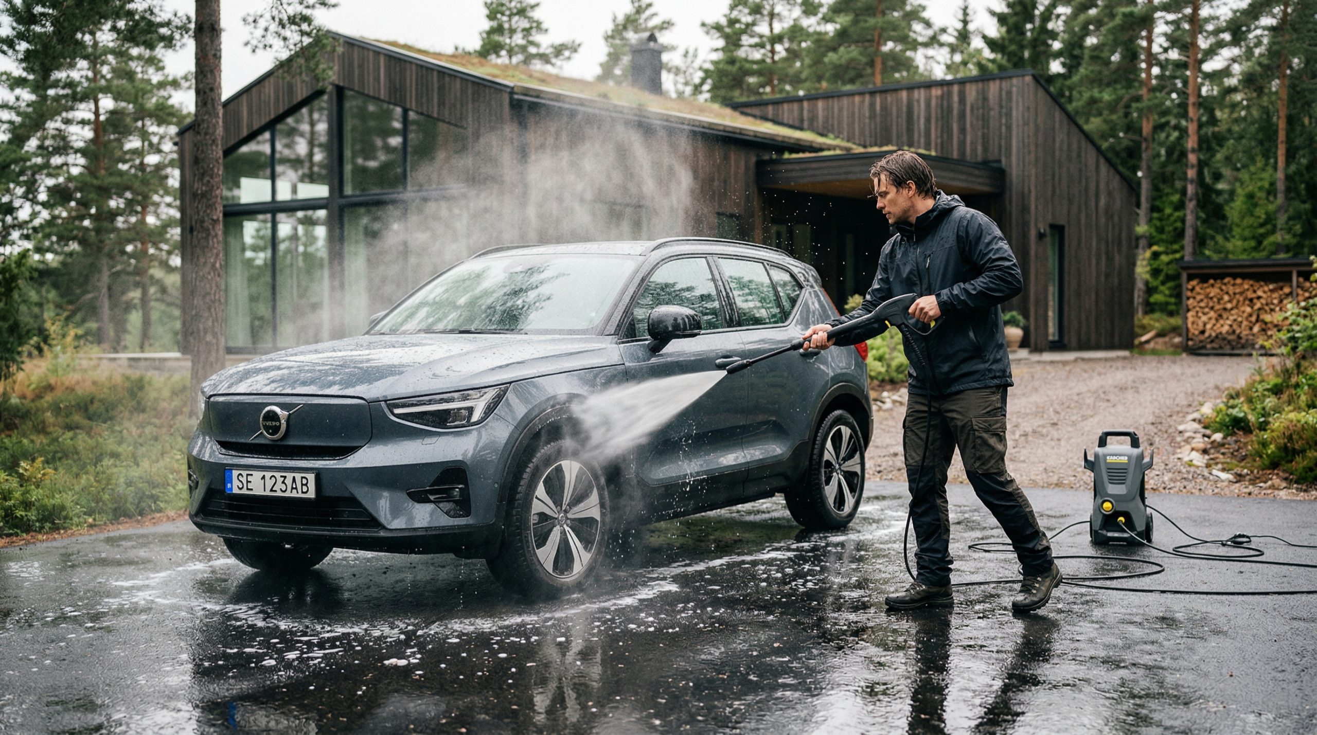 En mann som vasker bilen sin med høytrykkspyler i en oppkjørsel