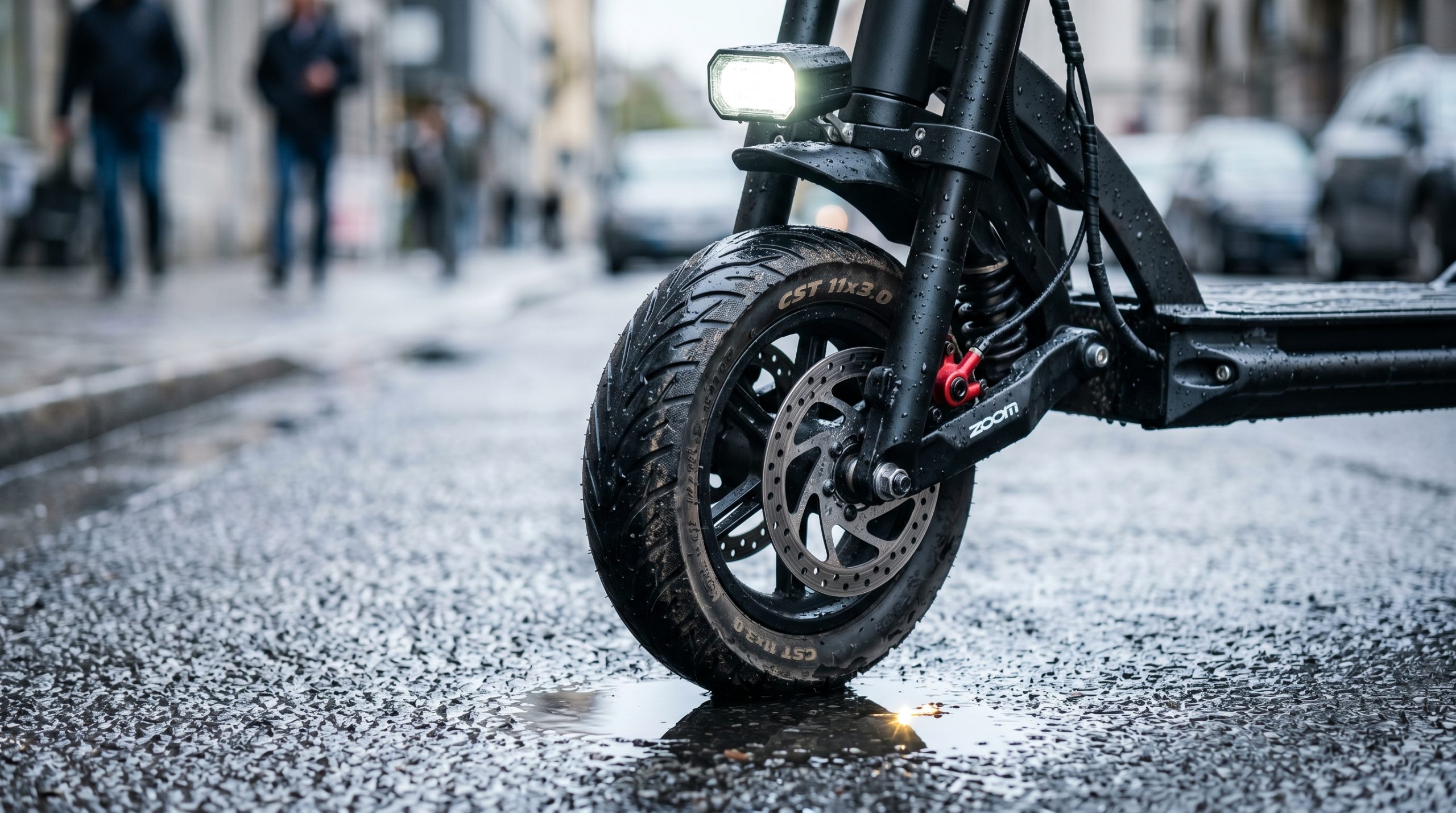 Et nærbilde av et elsparkesykkeldekk på et vått underlag