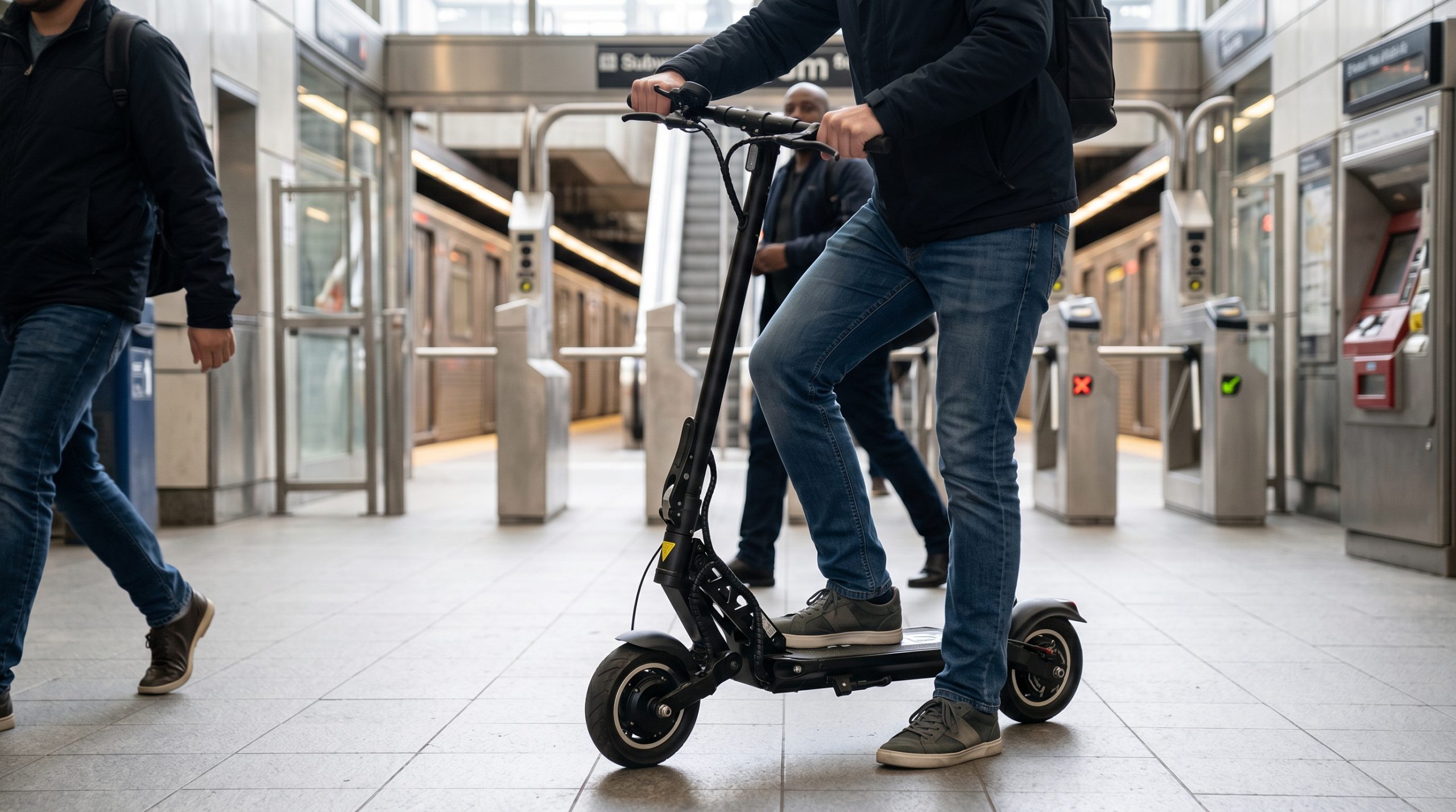 En mann med en liten sammenleggbar elsparkesykkel utenfor inngangen til en togstasjon