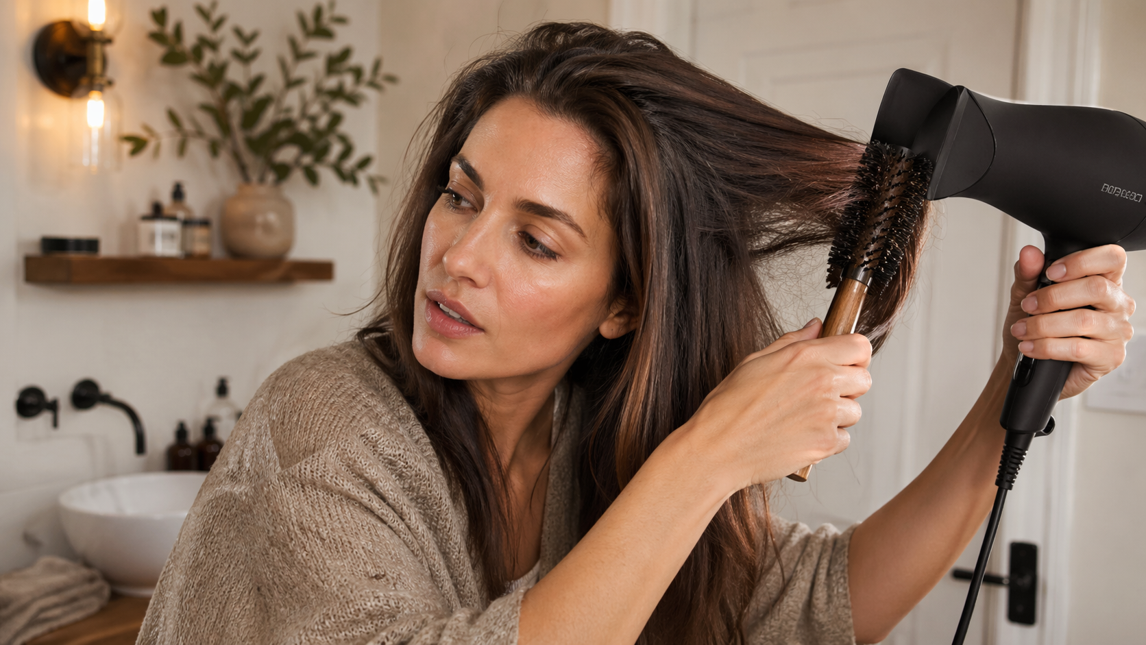 En kvinne som steller håret med en hårføner og en børste