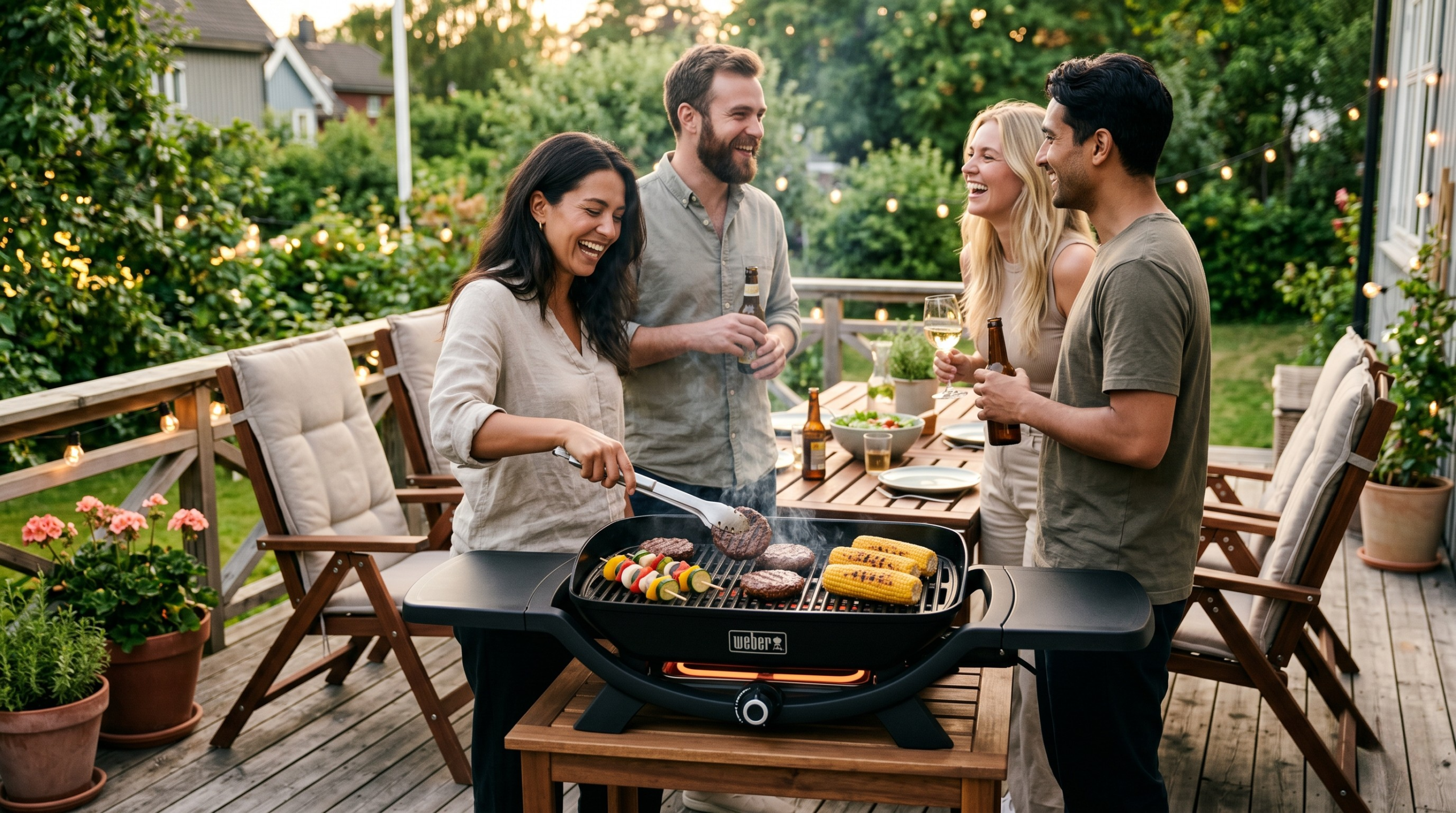 Fire venner som griller på en Weber Lumin på en terrasse.